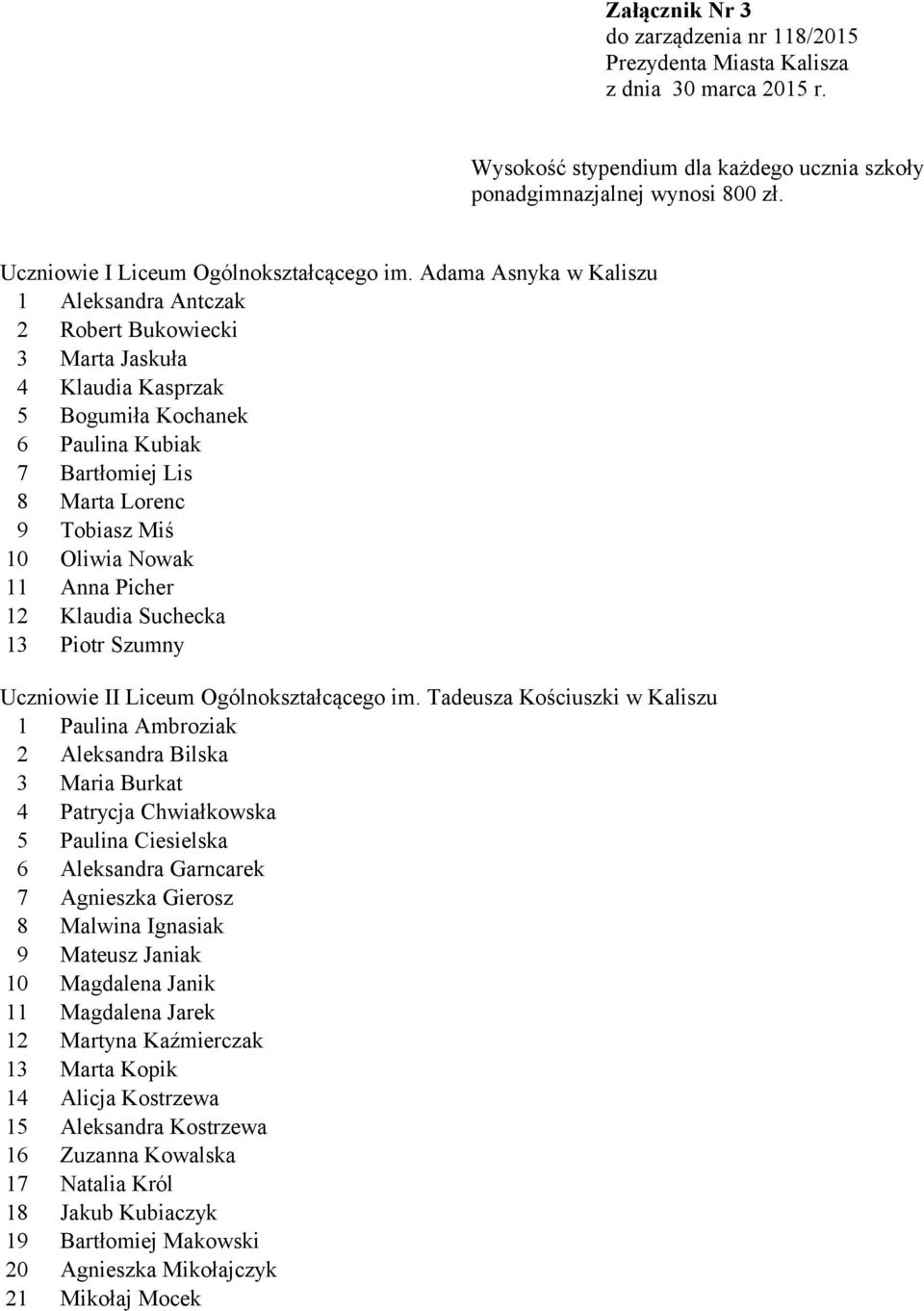 Adama Asnyka w Kaliszu 1 Aleksandra Antczak 2 Robert Bukowiecki 3 Marta Jaskuła 4 Klaudia Kasprzak 5 Bogumiła Kochanek 6 Paulina Kubiak 7 Bartłomiej Lis 8 Marta Lorenc 9 Tobiasz Miś 10 Oliwia Nowak