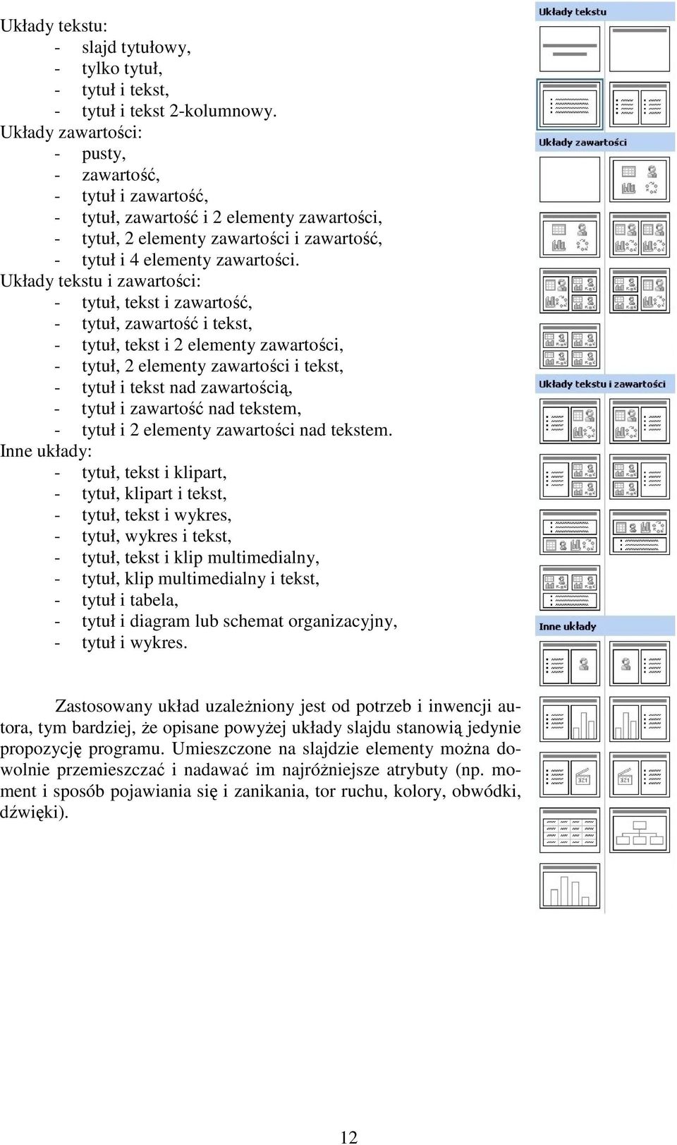 Układy tekstu i zawartości: - tytuł, tekst i zawartość, - tytuł, zawartość i tekst, - tytuł, tekst i 2 elementy zawartości, - tytuł, 2 elementy zawartości i tekst, - tytuł i tekst nad zawartością, -