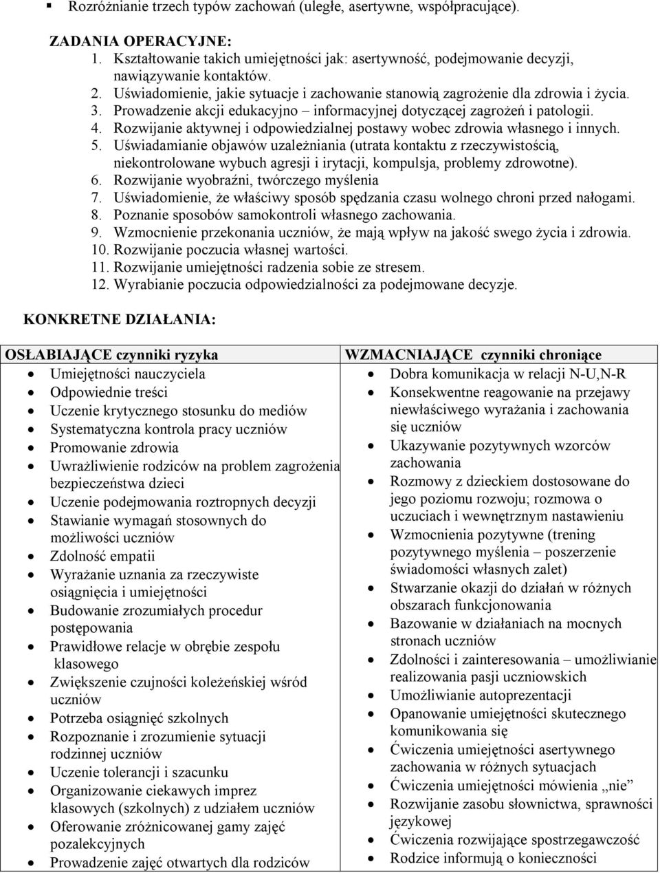 Rozwijanie aktywnej i odpowiedzialnej postawy wobec zdrowia własnego i innych. 5.