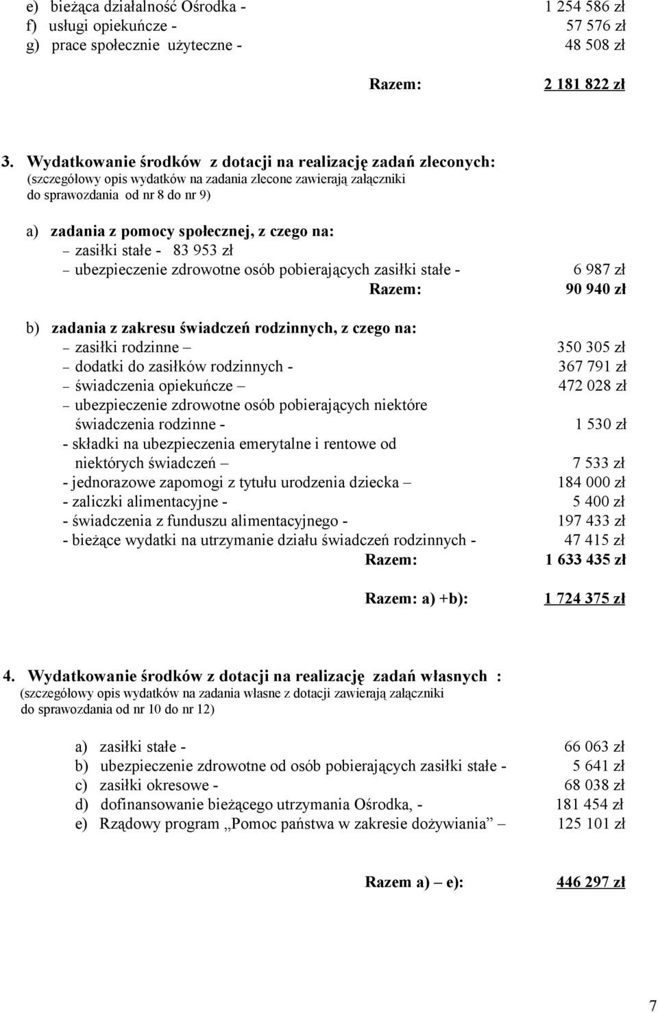 czego na: zasiłki stałe 83 953 zł ubezpieczenie zdrowotne osób pobierających zasiłki stałe Razem: b) zadania z zakresu świadczeń rodzinnych, z czego na: zasiłki rodzinne dodatki do zasiłków