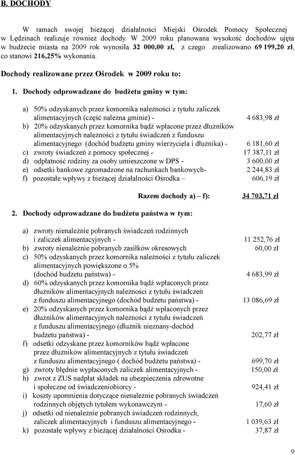 Dochody realizowane przez Ośrodek w 2009 roku to: 1.