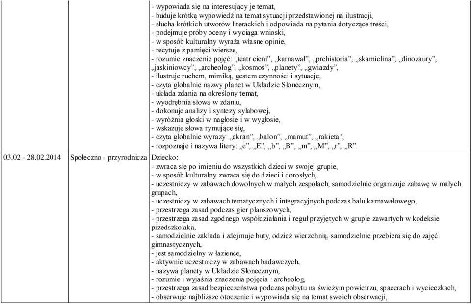 dinozaury, jaskiniowcy, archeolog, kosmos, planety, gwiazdy, - ilustruje ruchem, mimiką, gestem czynności i sytuacje, - czyta globalnie nazwy planet w Układzie Słonecznym, - układa zdania na