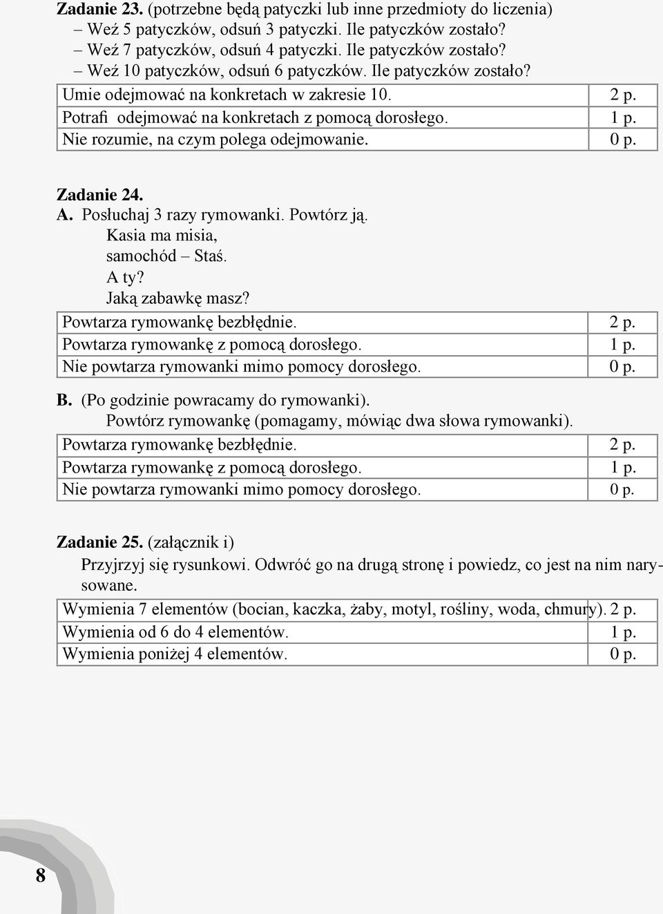 Posłuchaj 3 razy rymowanki. Powtórz ją. Kasia ma misia, samochód Staś. A ty? Jaką zabawkę masz? Powtarza rymowankę bezbłędnie. Powtarza rymowankę z pomocą dorosłego.