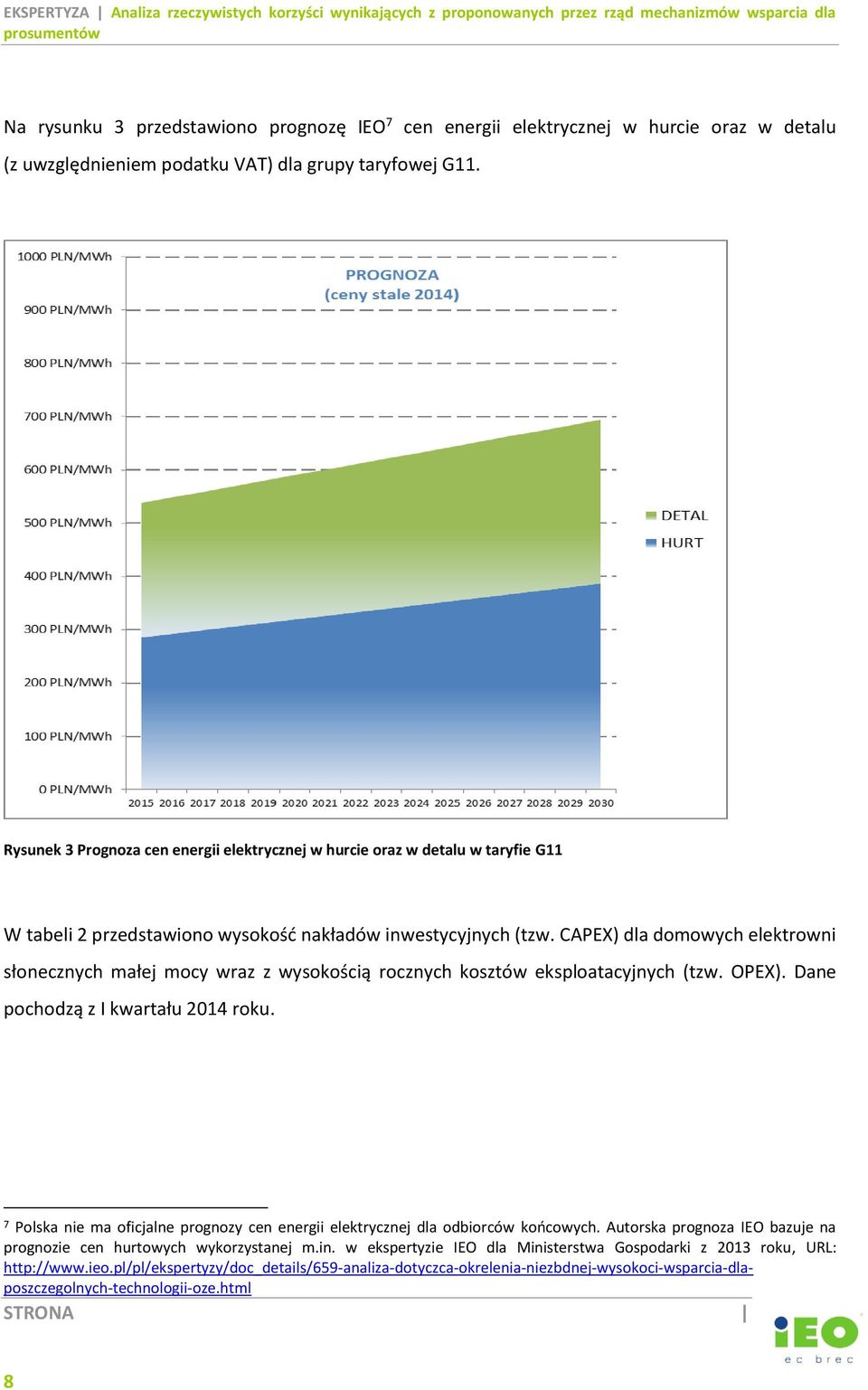 CAPEX) dla domowych elektrowni słonecznych małej mocy wraz z wysokością rocznych kosztów eksploatacyjnych (tzw. OPEX). Dane pochodzą z I kwartału 2014 roku.