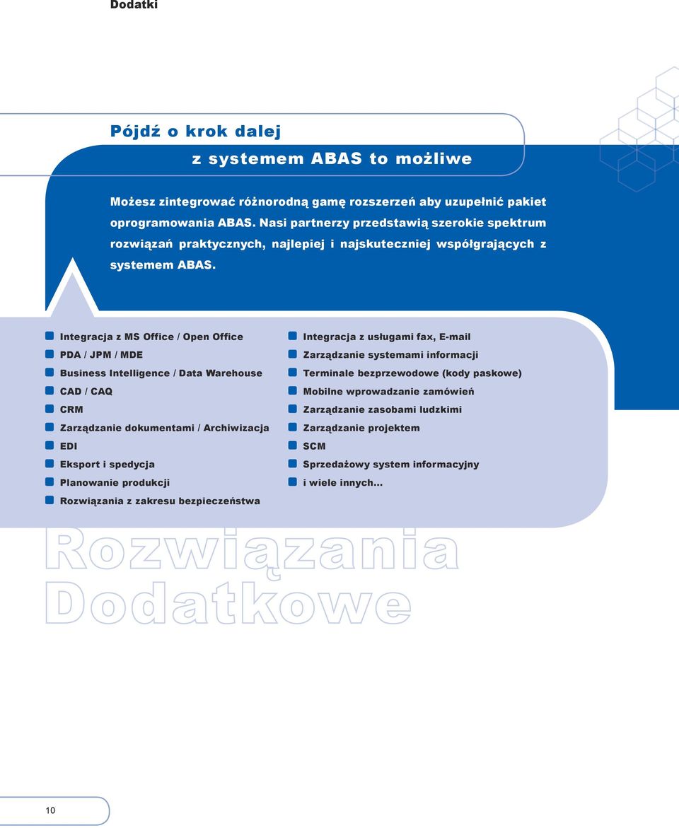 Integracja z MS Office / Open Office PDA / JPM / MDE Business Intelligence / Data Warehouse CAD / CAQ CRM Zarządzanie dokumentami / Archiwizacja EDI Eksport i spedycja Planowanie