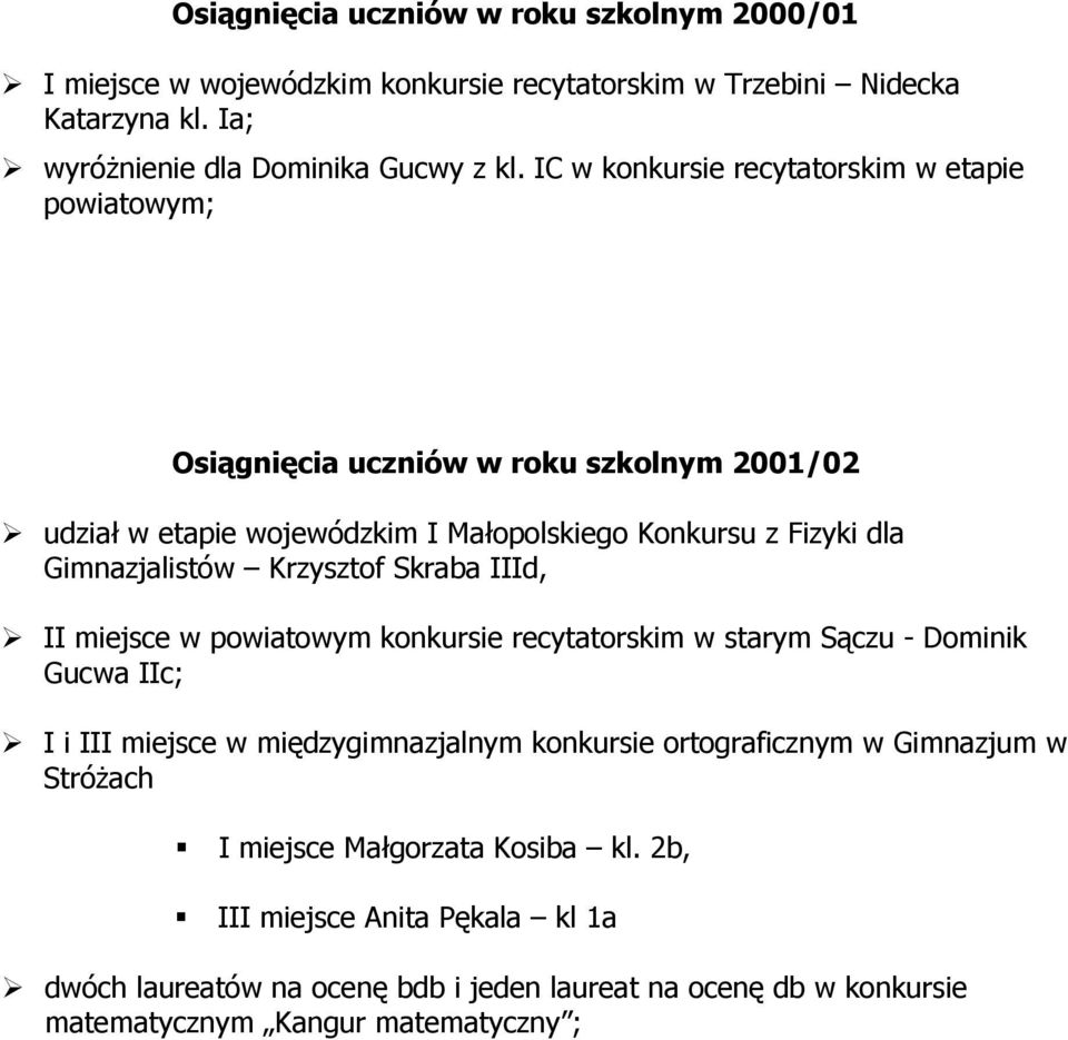 Krzysztof Skraba IIId, II miejsce w powiatowym konkursie recytatorskim w starym Sączu - Dominik Gucwa IIc; I i III miejsce w międzygimnazjalnym konkursie ortograficznym w