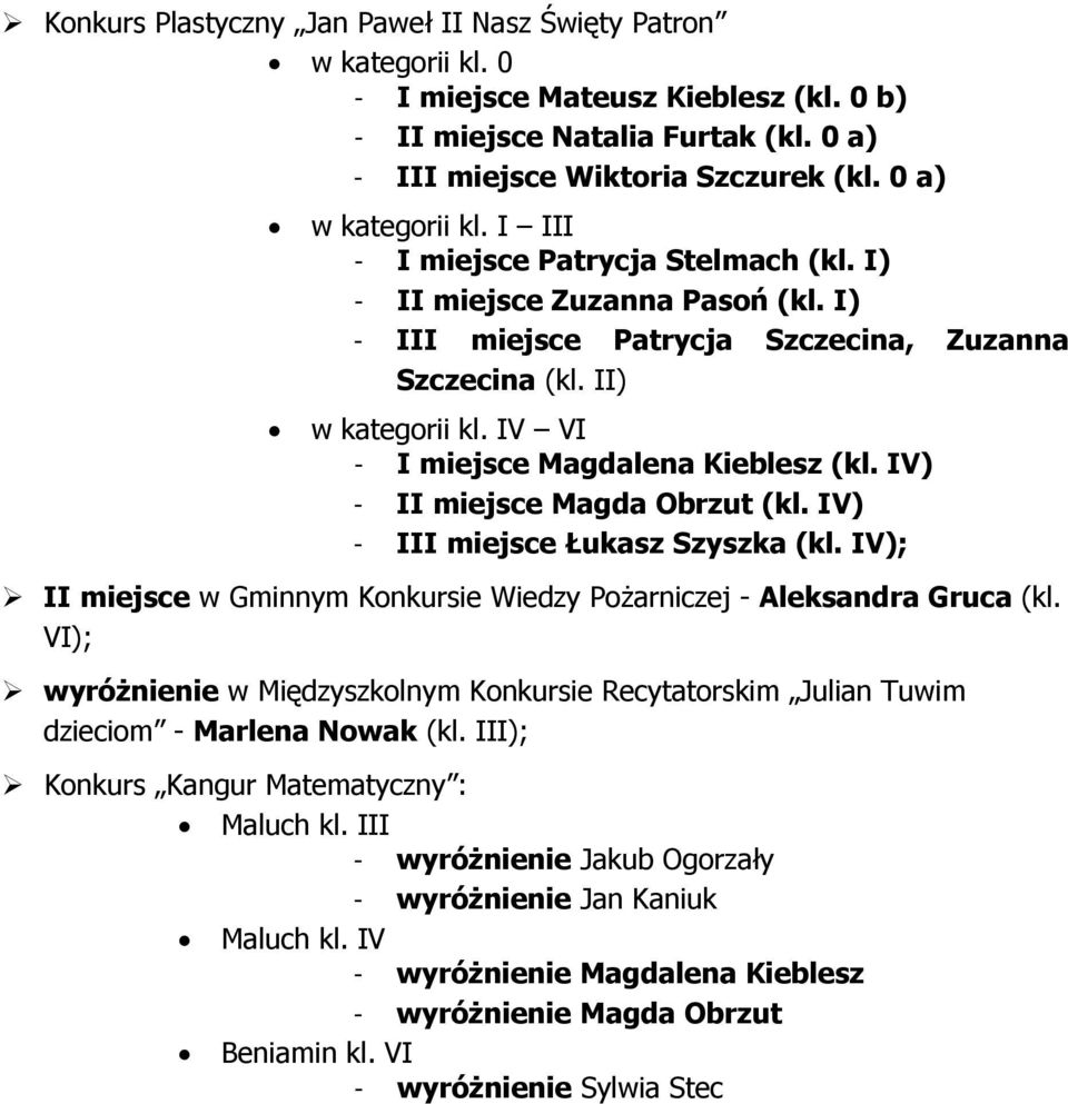 IV VI - I miejsce Magdalena Kieblesz (kl. IV) - II miejsce Magda Obrzut (kl. IV) - III miejsce Łukasz Szyszka (kl. IV); II miejsce w Gminnym Konkursie Wiedzy Pożarniczej - Aleksandra Gruca (kl.