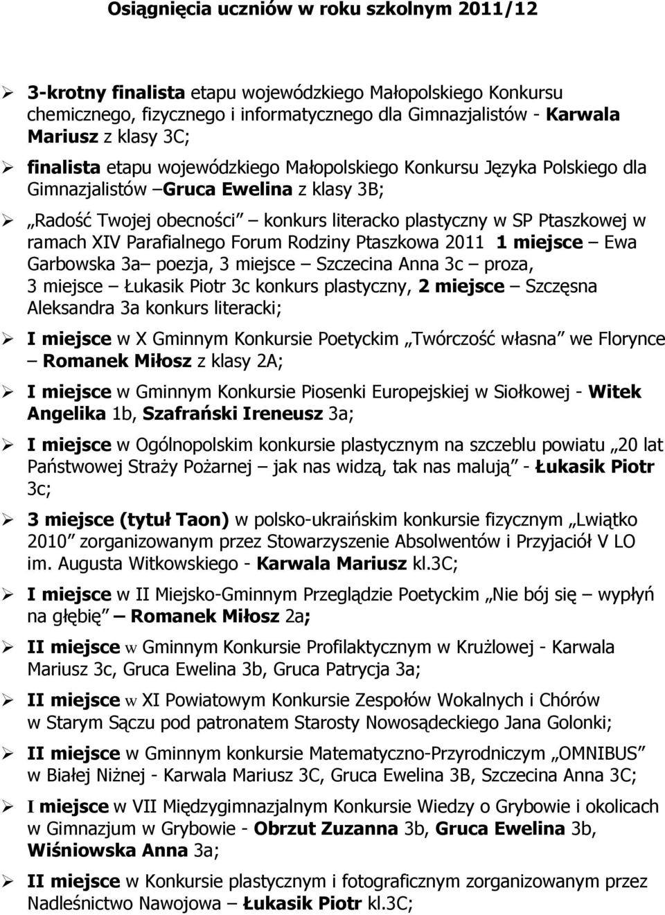 Parafialnego Forum Rodziny Ptaszkowa 2011 1 miejsce Ewa Garbowska 3a poezja, 3 miejsce Szczecina Anna 3c proza, 3 miejsce Łukasik Piotr 3c konkurs plastyczny, 2 miejsce Szczęsna Aleksandra 3a konkurs