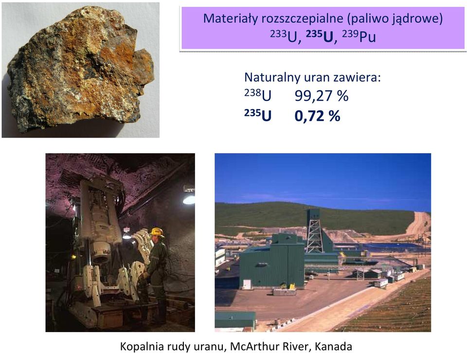 uran zawiera: 238 U 99,27 % 235 U 0,72