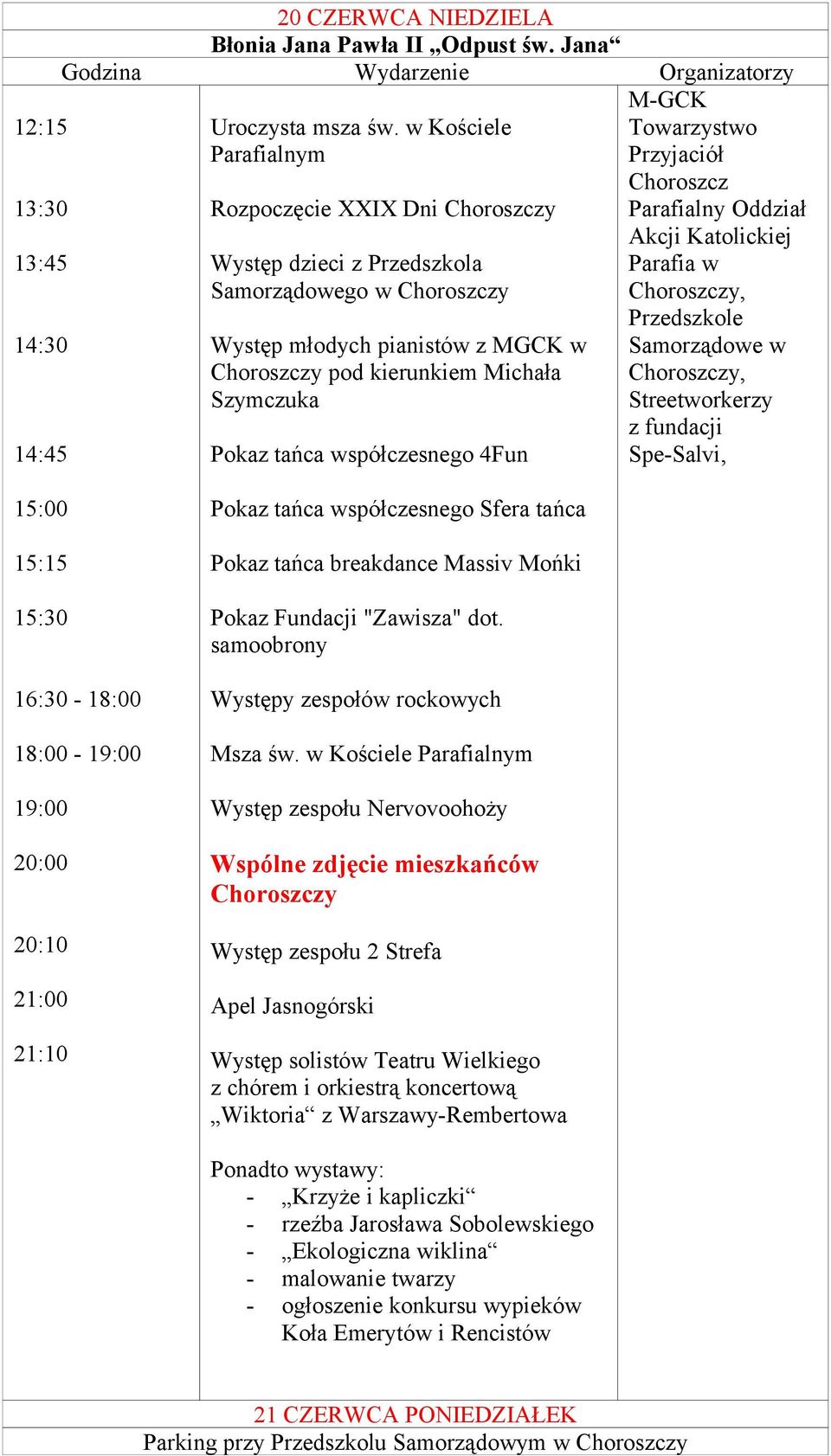 Przyjaciół Choroszcz Parafialny Oddział Akcji Katolickiej Parafia w, Przedszkole Samorządowe w, Streetworkerzy z fundacji Spe-Salvi, 15:00 15:15 15:30 16:30-18:00 18:00-19:00 19:00 20:00 20:10 21:00