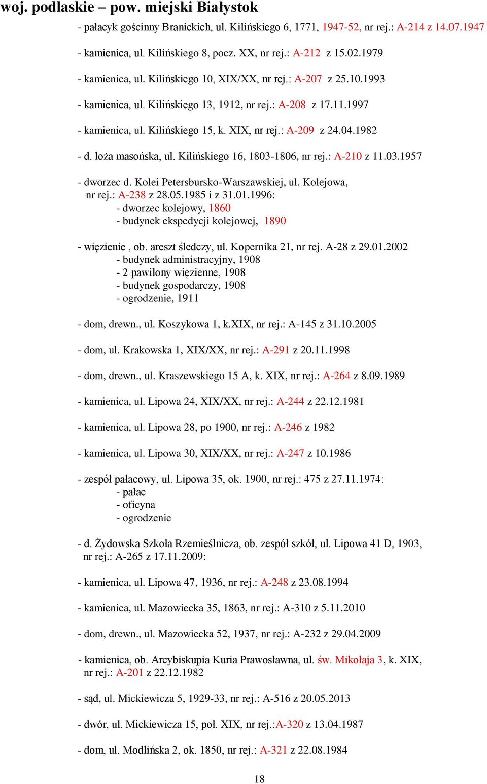 : A-209 z 24.04.1982 - d. loża masońska, ul. Kilińskiego 16, 1803-1806, nr rej.: A-210 z 11.03.1957 - dworzec d. Kolei Petersbursko-Warszawskiej, ul. Kolejowa, nr rej.: A-238 z 28.05.1985 i z 31.01.