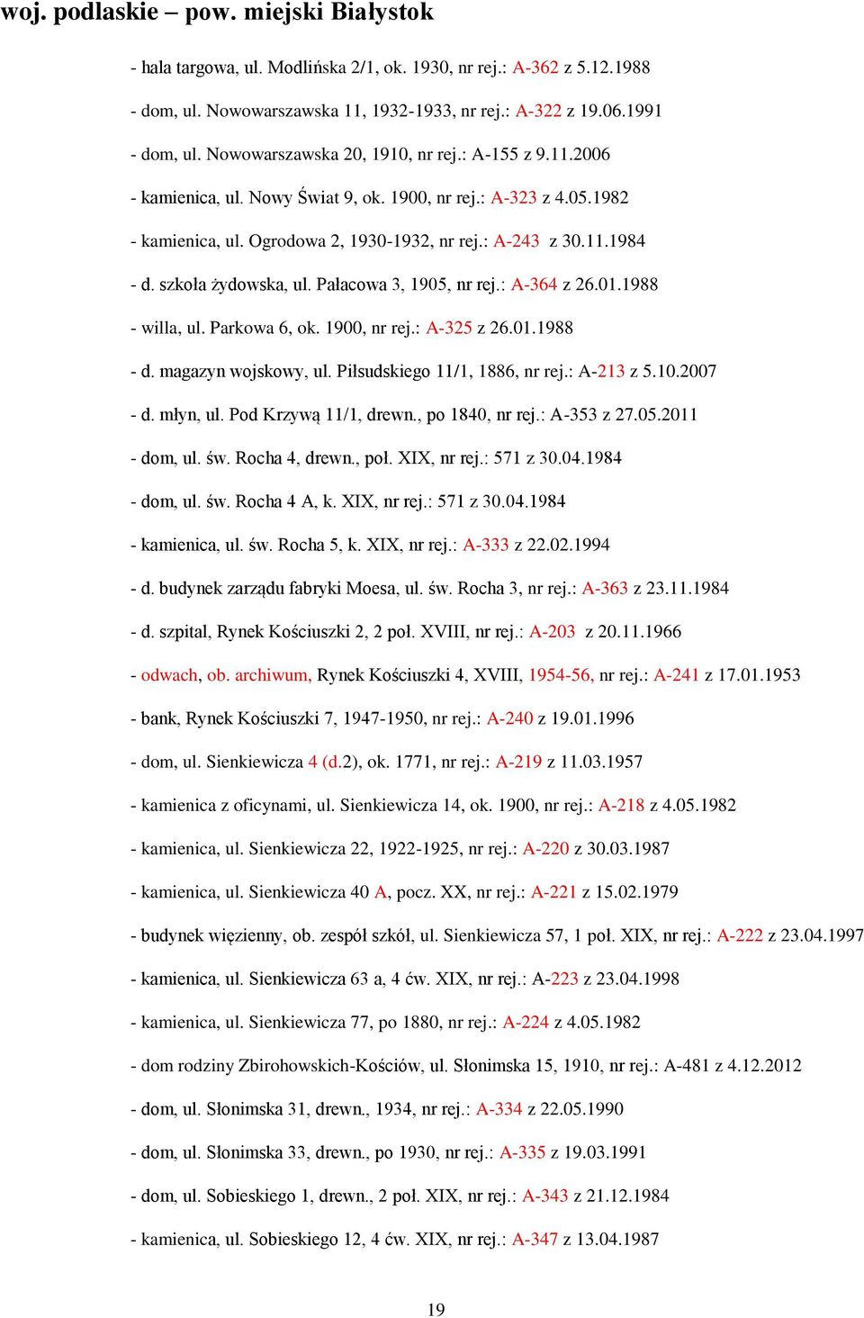 szkoła żydowska, ul. Pałacowa 3, 1905, nr rej.: A-364 z 26.01.1988 - willa, ul. Parkowa 6, ok. 1900, nr rej.: A-325 z 26.01.1988 - d. magazyn wojskowy, ul. Piłsudskiego 11/1, 1886, nr rej.: A-213 z 5.