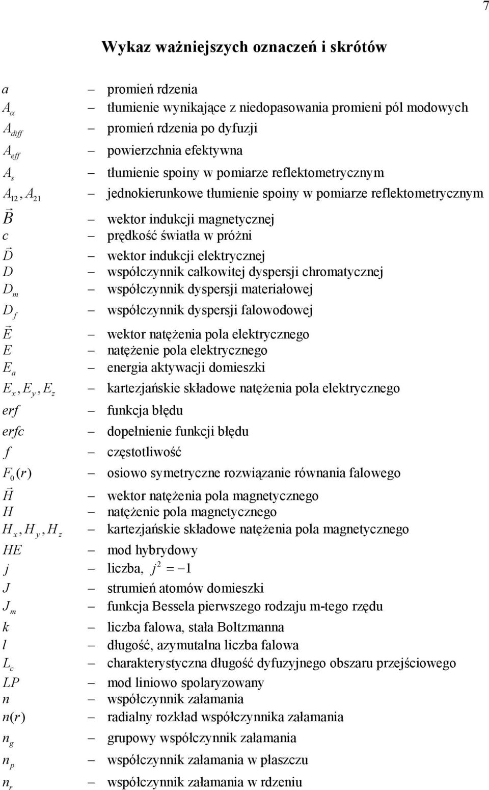 współczynnik całkowitej dyspersji chromatycznej D współczynnik dyspersji materiałowej m D E E E f a współczynnik dyspersji falowodowej wektor natężenia pola elektrycznego natężenie pola elektrycznego