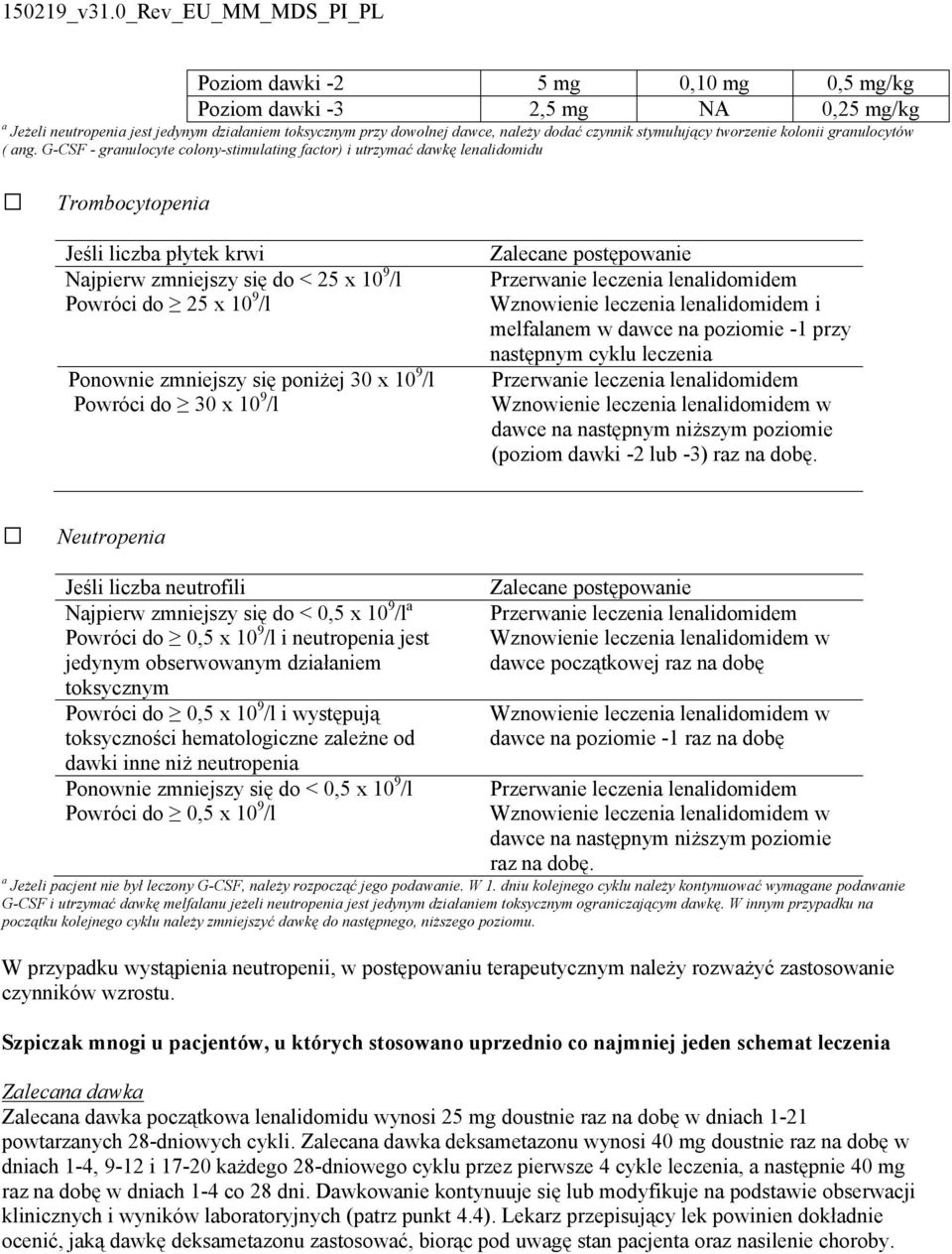 G-CSF - granulocyte colony-stimulating factor) i utrzymać dawkę lenalidomidu Trombocytopenia Jeśli liczba płytek krwi Najpierw zmniejszy się do < 25 x 10 9 /l Powróci do 25 x 10 9 /l Ponownie