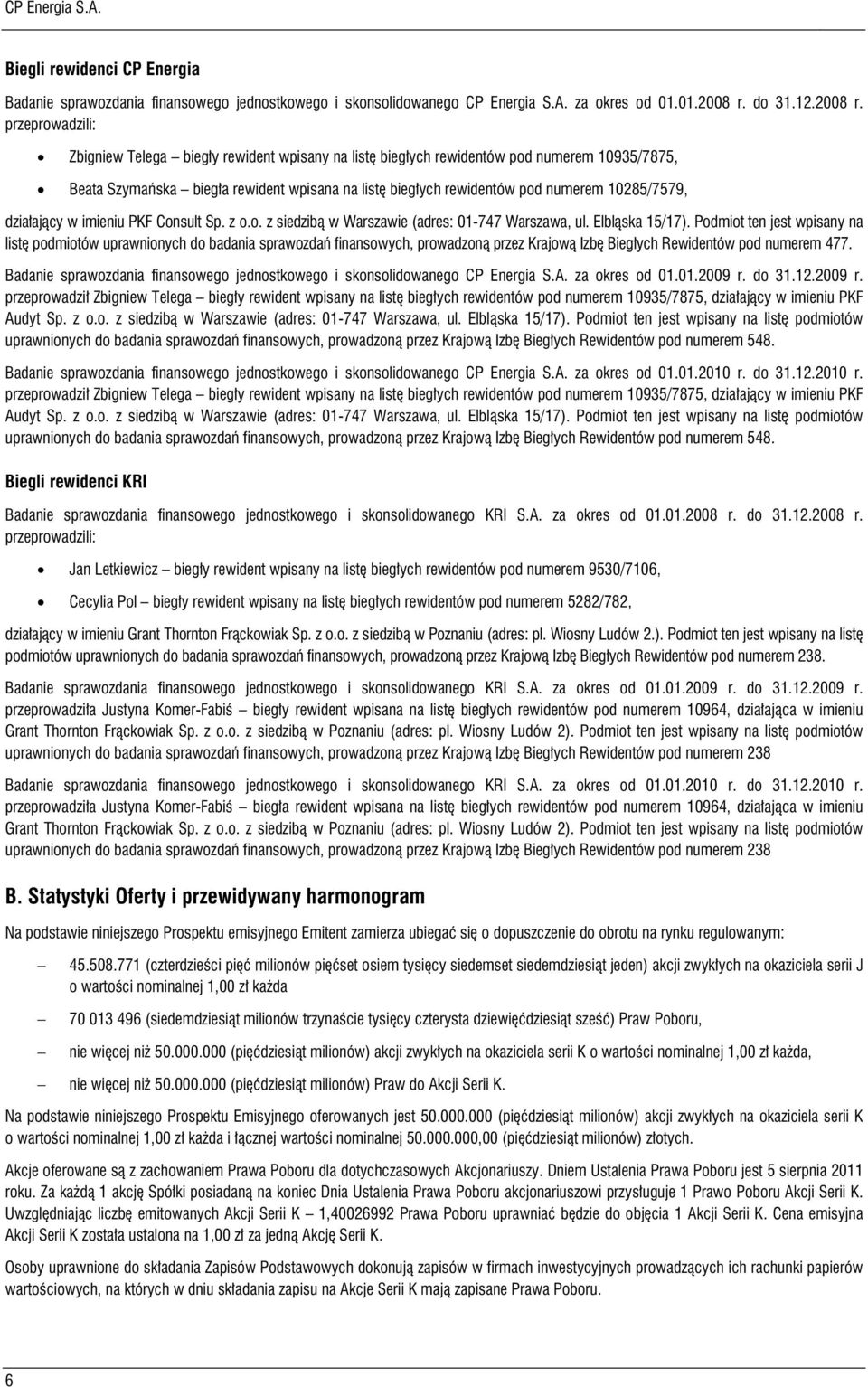 przeprowadzili: Zbigniew Telega biegły rewident wpisany na listę biegłych rewidentów pod numerem 10935/7875, Beata Szymańska biegła rewident wpisana na listę biegłych rewidentów pod numerem