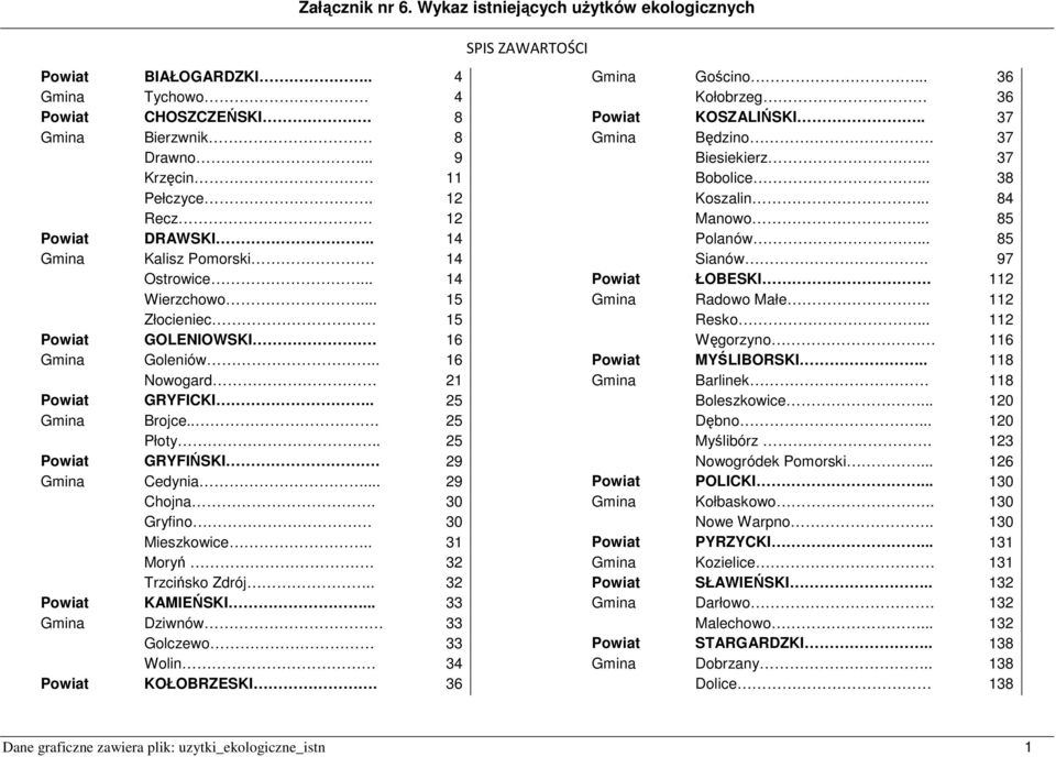 30 Gryfino 30 Mieszkowice.. 31 Moryń. 32 Trzcińsko.. 32 Powiat KAMIEŃSKI... 33 Gmina Dziwnów 33 Golczewo 33 Wolin 34 Powiat KOŁOBRZESKI. 36 Gmina Gościno... 36 Kołobrzeg 36 Powiat KOSZALIŃSKI.