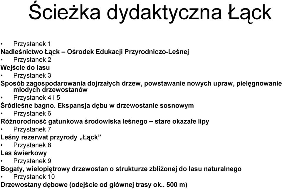 Ekspansja dębu w drzewostanie sosnowym Przystanek 6 Różnorodność gatunkowa środowiska leśnego stare okazałe lipy Przystanek 7 Leśny rezerwat przyrody