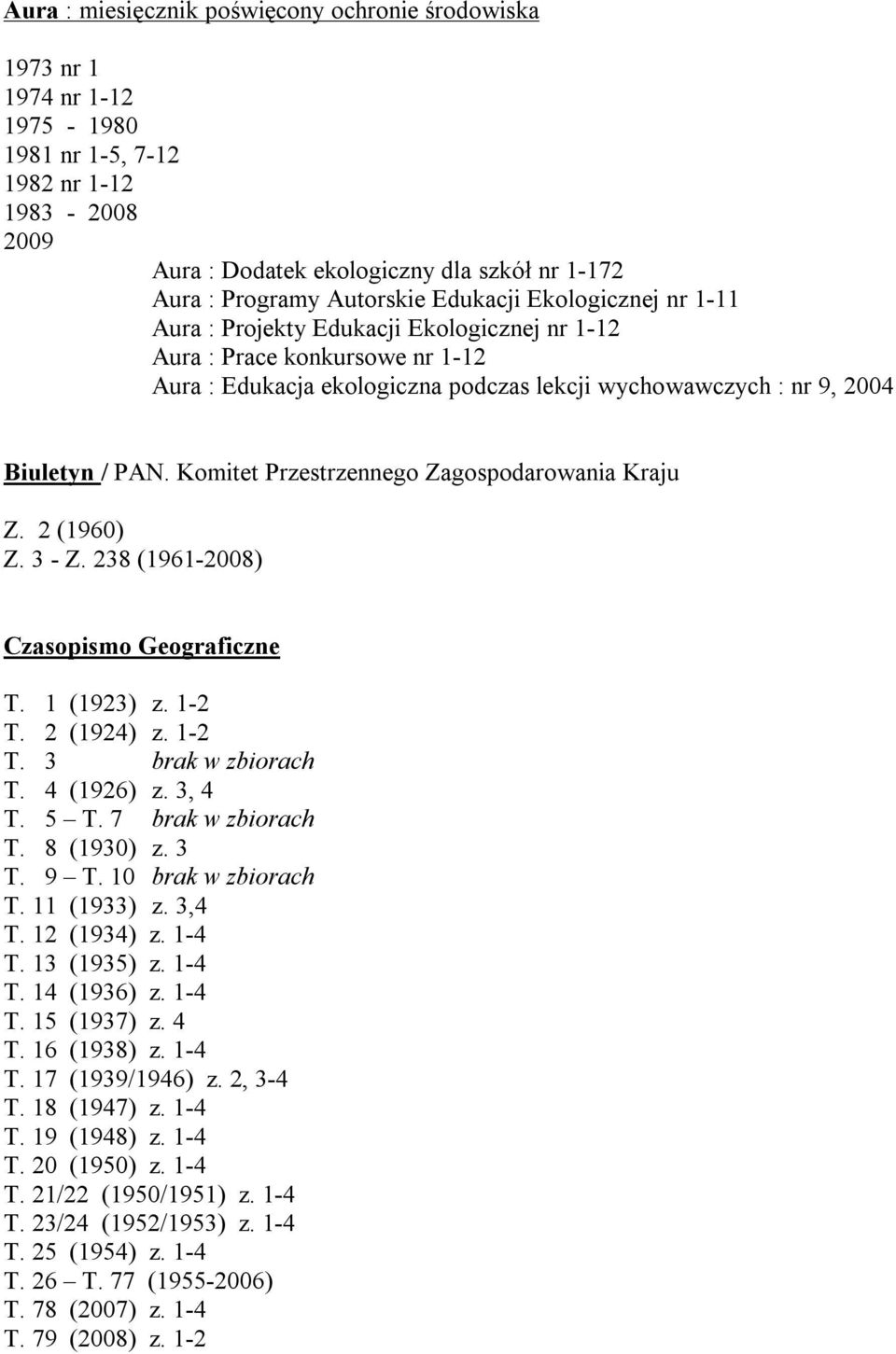 PAN. Komitet Przestrzennego Zagospodarowania Kraju Z. 2 (1960) Z. 3 - Z. 238 (1961-2008) Czasopismo Geograficzne T. 1 (1923) z. 1-2 T. 2 (1924) z. 1-2 T. 3 brak w zbiorach T. 4 (1926) z. 3, 4 T. 5 T.