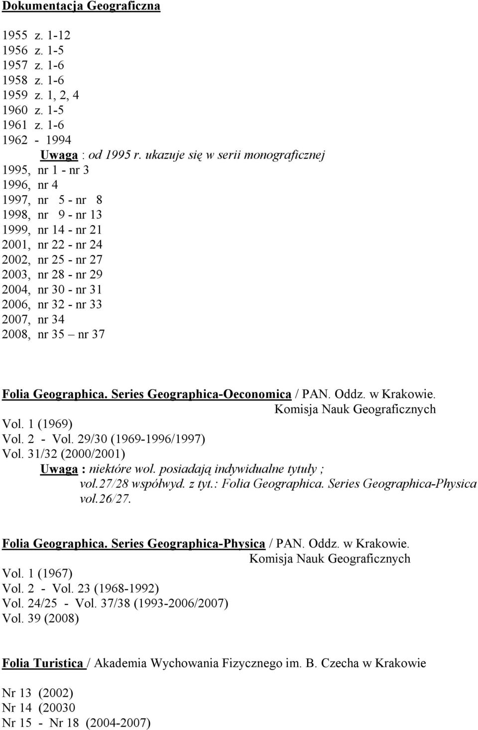 31 2006, nr 32 - nr 33 2007, nr 34 2008, nr 35 nr 37 Folia Geographica. Series Geographica-Oeconomica / PAN. Oddz. w Krakowie. Komisja Nauk Geograficznych Vol. 1 (1969) Vol. 2 - Vol.