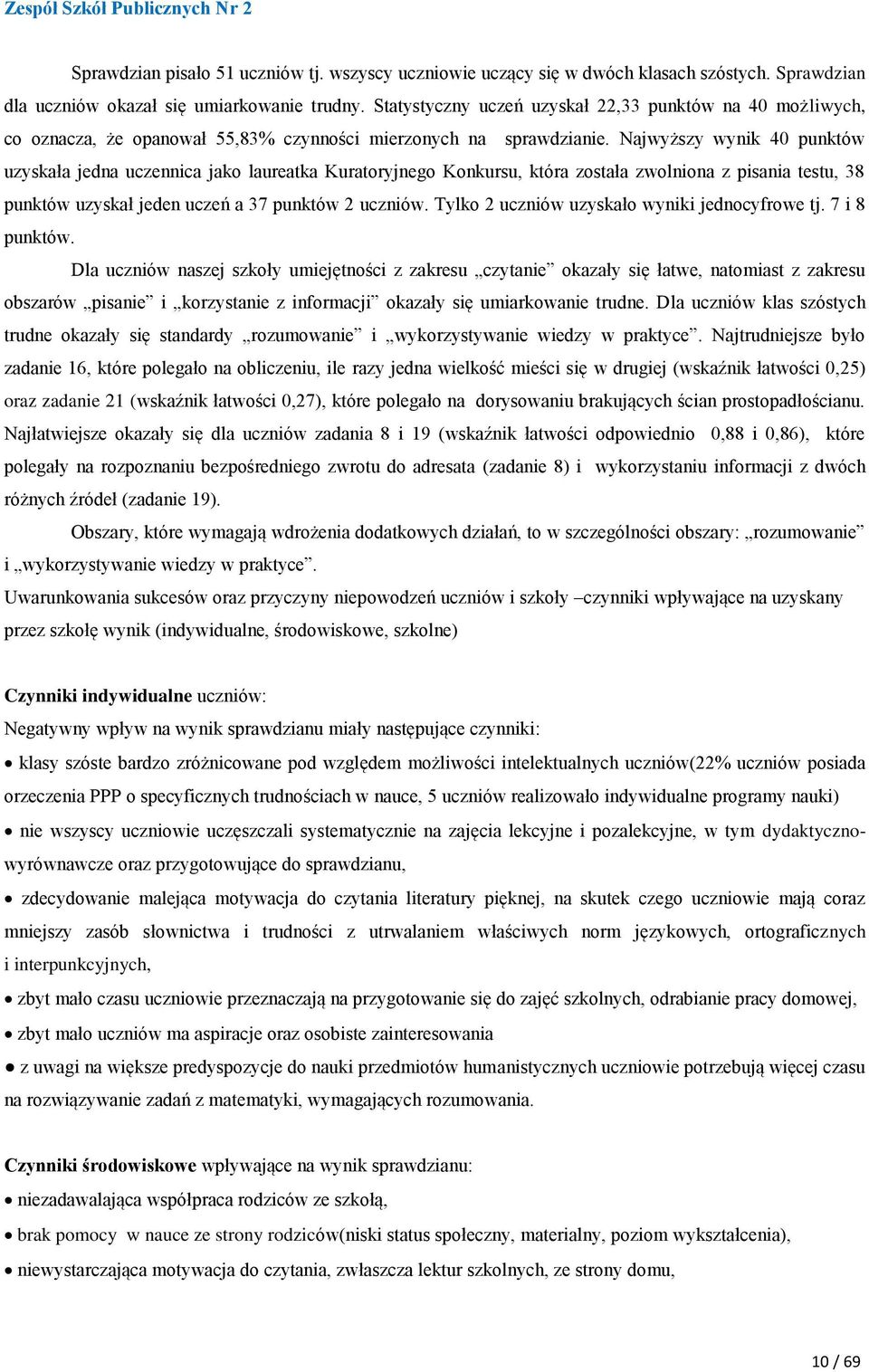 Najwyższy wynik 40 punktów uzyskała jedna uczennica jako laureatka Kuratoryjnego Konkursu, która została zwolniona z pisania testu, 38 punktów uzyskał jeden uczeń a 37 punktów 2 uczniów.