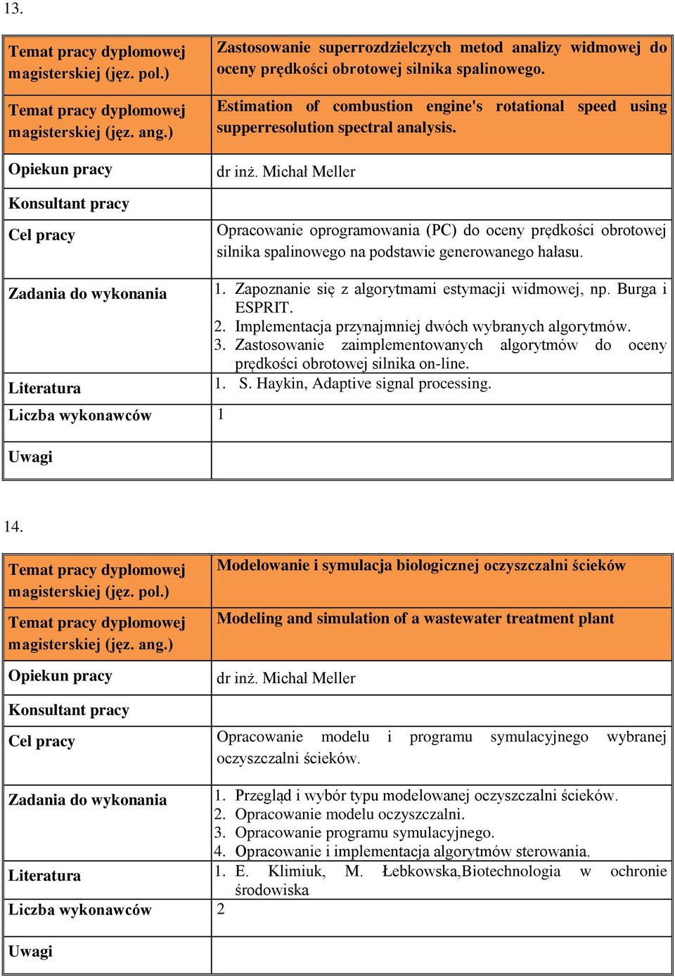 Michał Meller Opracowanie oprogramowania (PC) do oceny prędkości obrotowej silnika spalinowego na podstawie generowanego hałasu. Literatura 1. Zapoznanie się z algorytmami estymacji widmowej, np.