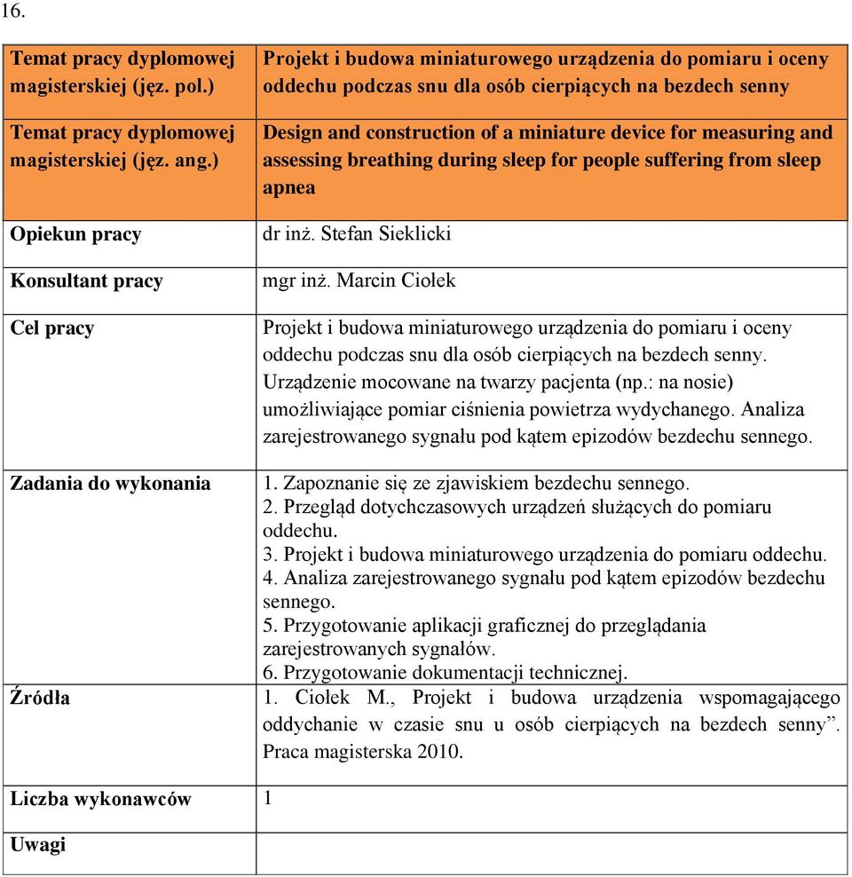 Marcin Ciołek Projekt i budowa miniaturowego urządzenia do pomiaru i oceny oddechu podczas snu dla osób cierpiących na bezdech senny. Urządzenie mocowane na twarzy pacjenta (np.