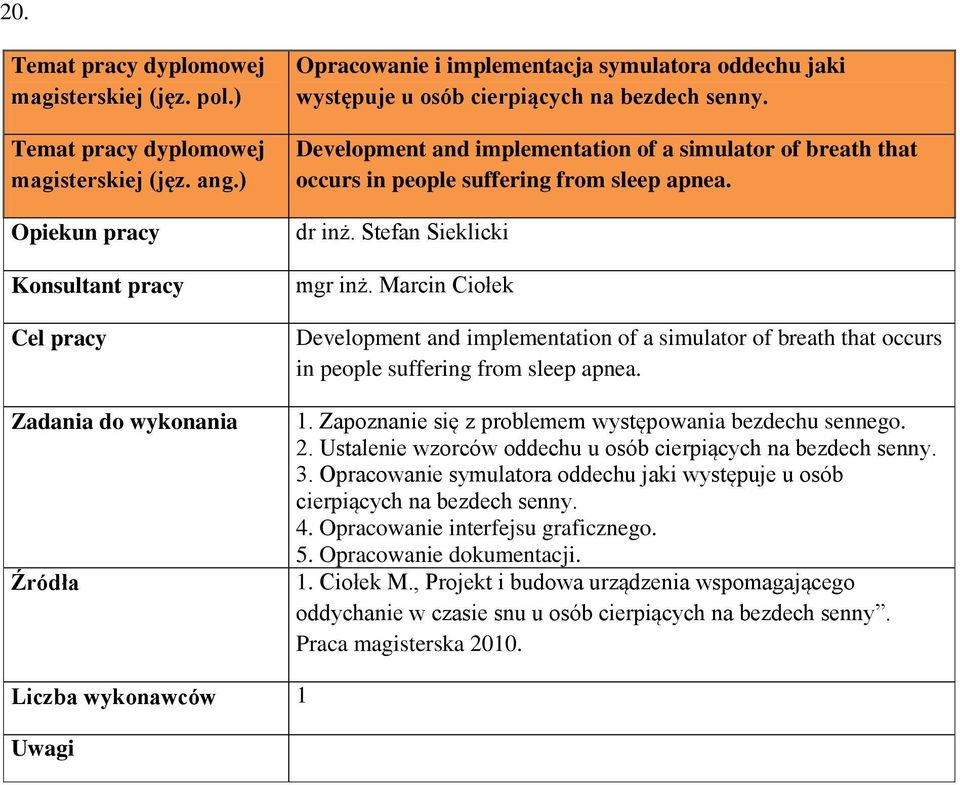 Marcin Ciołek Development and implementation of a simulator of breath that occurs in people suffering from sleep apnea. 1. Zapoznanie się z problemem występowania bezdechu sennego. 2.