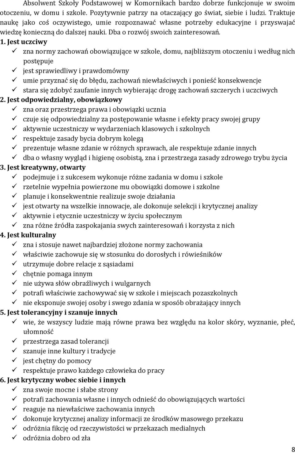 Jest uczciwy zna normy zachowań obowiązujące w szkole, domu, najbliższym otoczeniu i według nich postępuje jest sprawiedliwy i prawdomówny umie przyznać się do błędu, zachowań niewłaściwych i ponieść