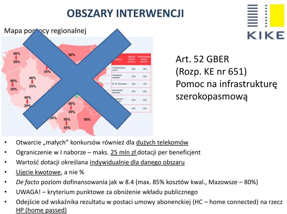 25 mln zł dotacji per beneficjent Wartośd dotacji określana indywidualnie dla danego obszaru Ujęcie kwotowe, a nie % De facto poziom