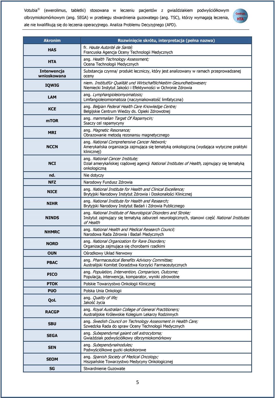 NFZ NICE NIHR NINDS NHMRC NORD OUN PBAC PICO PTOK PUO QoL RACGP SBU SEGA SEN SEOM SG Rozwinięcie skrótu, interpretacja (pełna nazwa) fr.