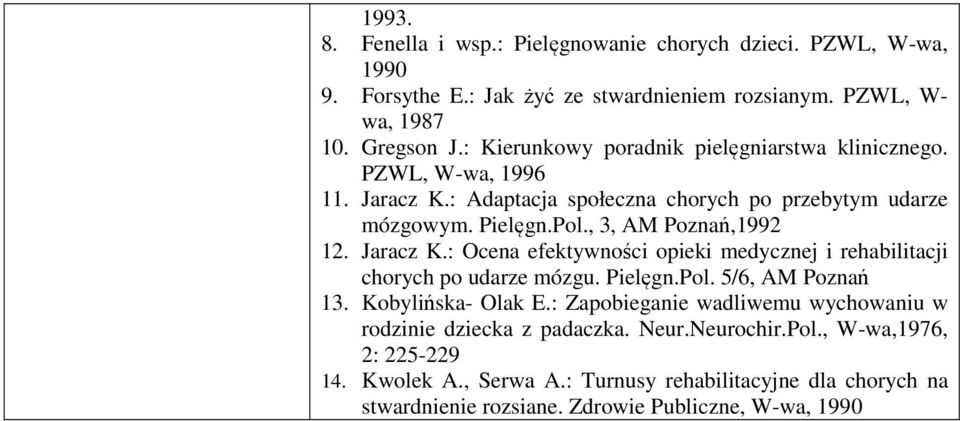 Jaracz K.: Ocena efektywności opieki medycznej i rehabilitacji chorych po udarze mózgu. Pielęgn.Pol. 5/6, AM Poznań. Kobylińska- Olak E.