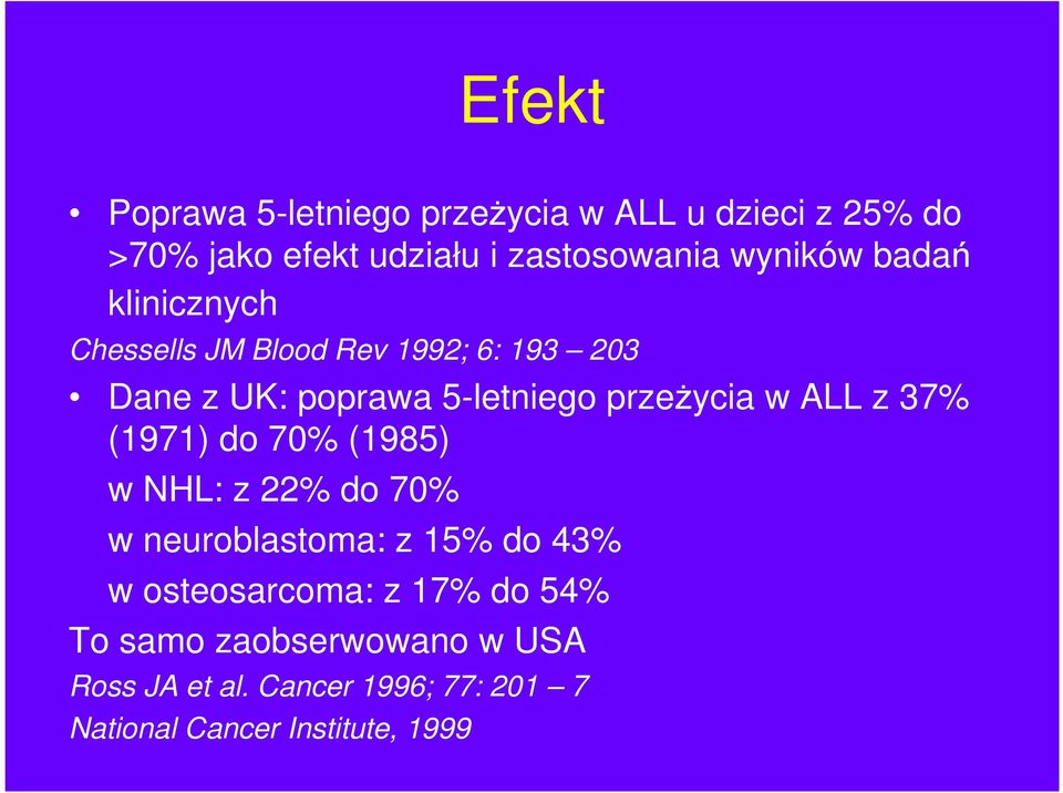 przeŝycia w ALL z 37% (1971) do 70% (1985) w NHL: z 22% do 70% w neuroblastoma: z 15% do 43% w