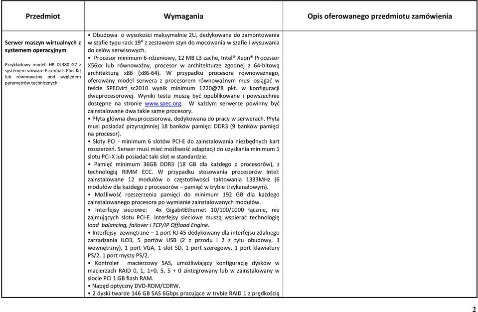 Procesor minimum 6-rdzeniowy, 12 MB L3 cache, Intel Xeon Processor X56xx lub równoważny, procesor w architekturze zgodnej z 64-bitową architekturą x86 (x86-64).