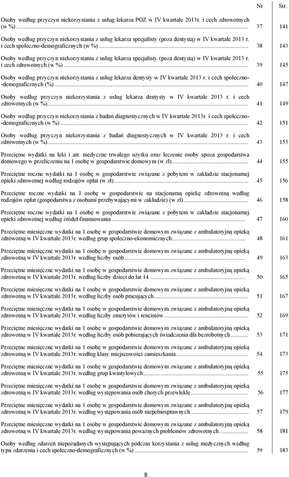 .. 38 143 Osoby według przyczyn niekorzystania z usług lekarza specjalisty (poza dentystą) w IV kwartale 2013 r. i cech zdrowotnych (w %).