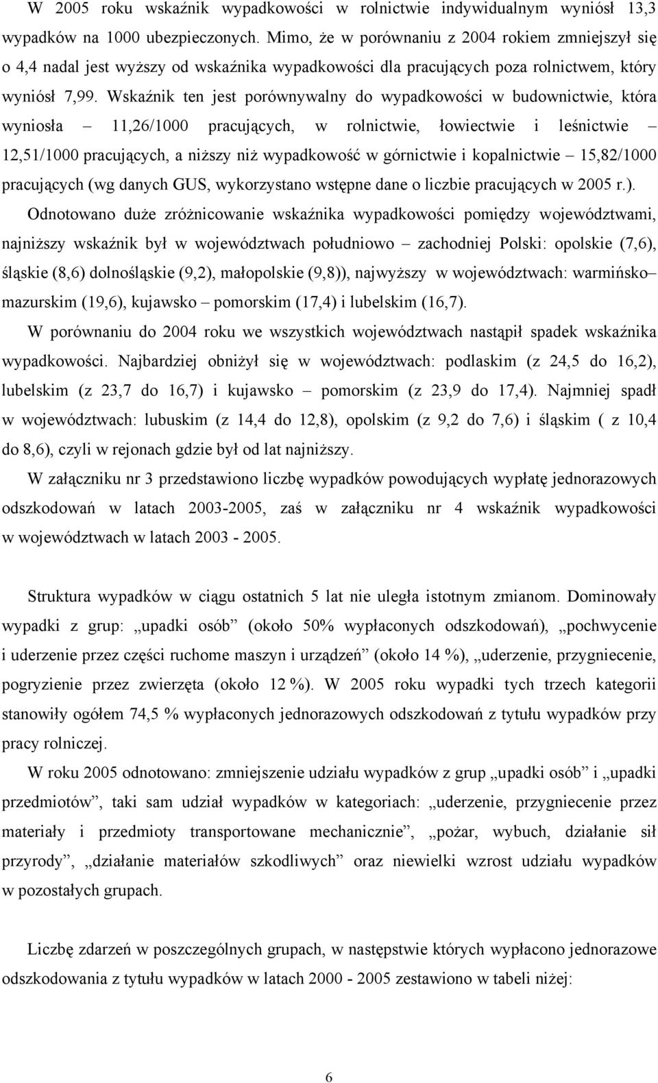 Wskaźnik ten jest porównywalny do wypadkowości w budownictwie, która wyniosła 11,26/1000 pracujących, w rolnictwie, łowiectwie i leśnictwie 12,51/1000 pracujących, a niższy niż wypadkowość w