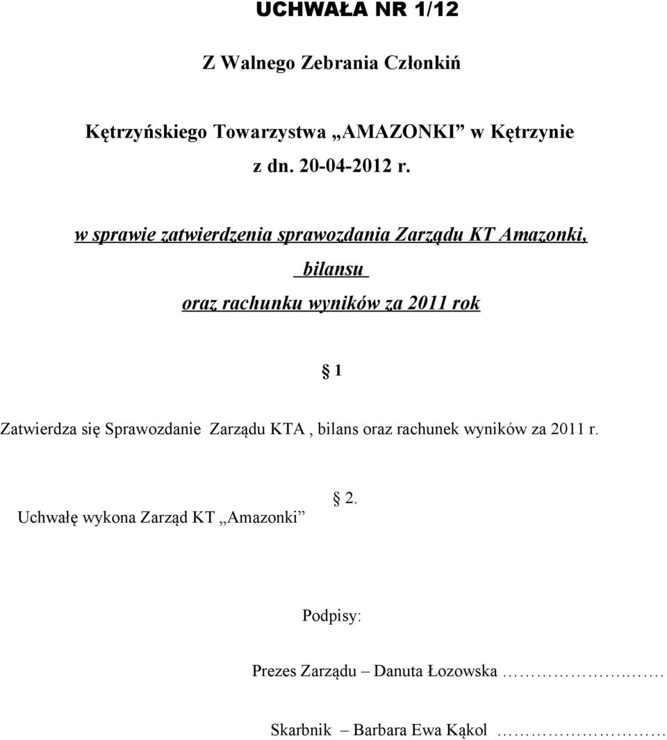 w sprawie zatwierdzenia sprawozdania Zarządu KT Amazonki, bilansu oraz rachunku wyników za 2011 rok