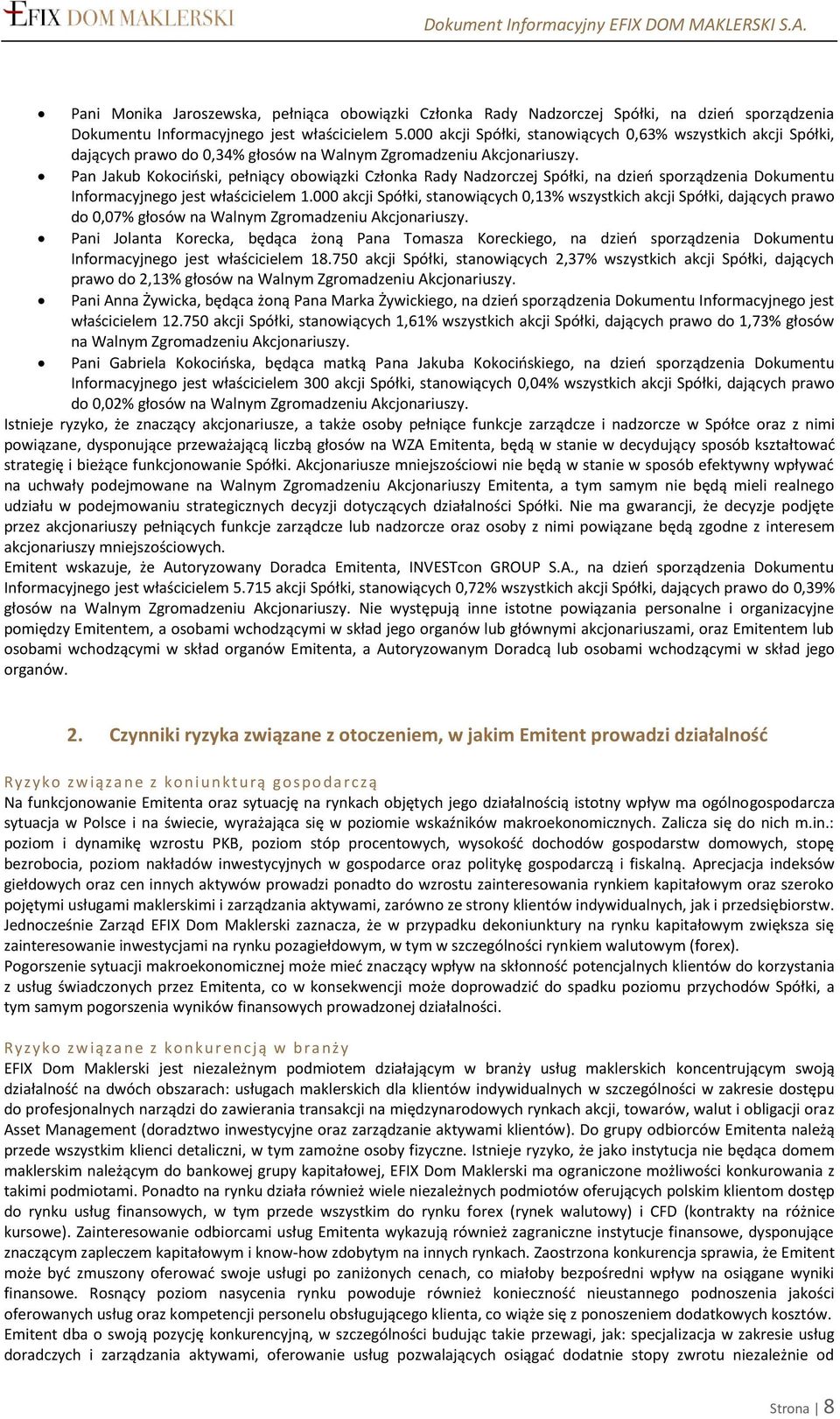 Pan Jakub Kokociński, pełniący obowiązki Członka Rady Nadzorczej Spółki, na dzień sporządzenia Dokumentu Informacyjnego jest właścicielem 1.