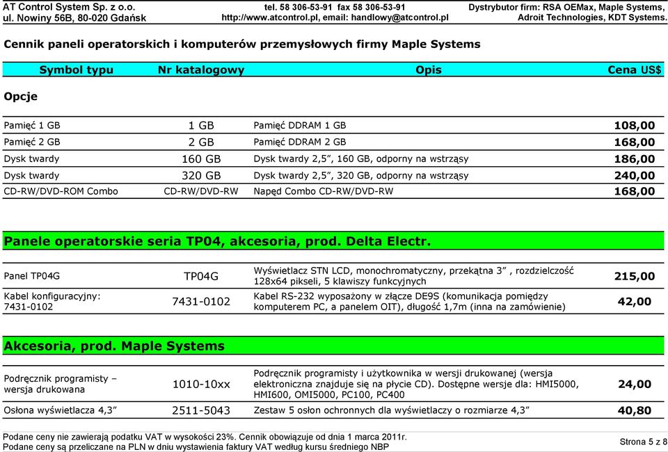 Wyświetlacz STN LCD, monochromatyczny, przekątna 3, rozdzielczość Panel TP04G TP04G 215,00 128x64 pikseli, 5 klawiszy funkcyjnych 7431-0102 Kabel RS-232 wyposażony w złącze DE9S (komunikacja pomiędzy
