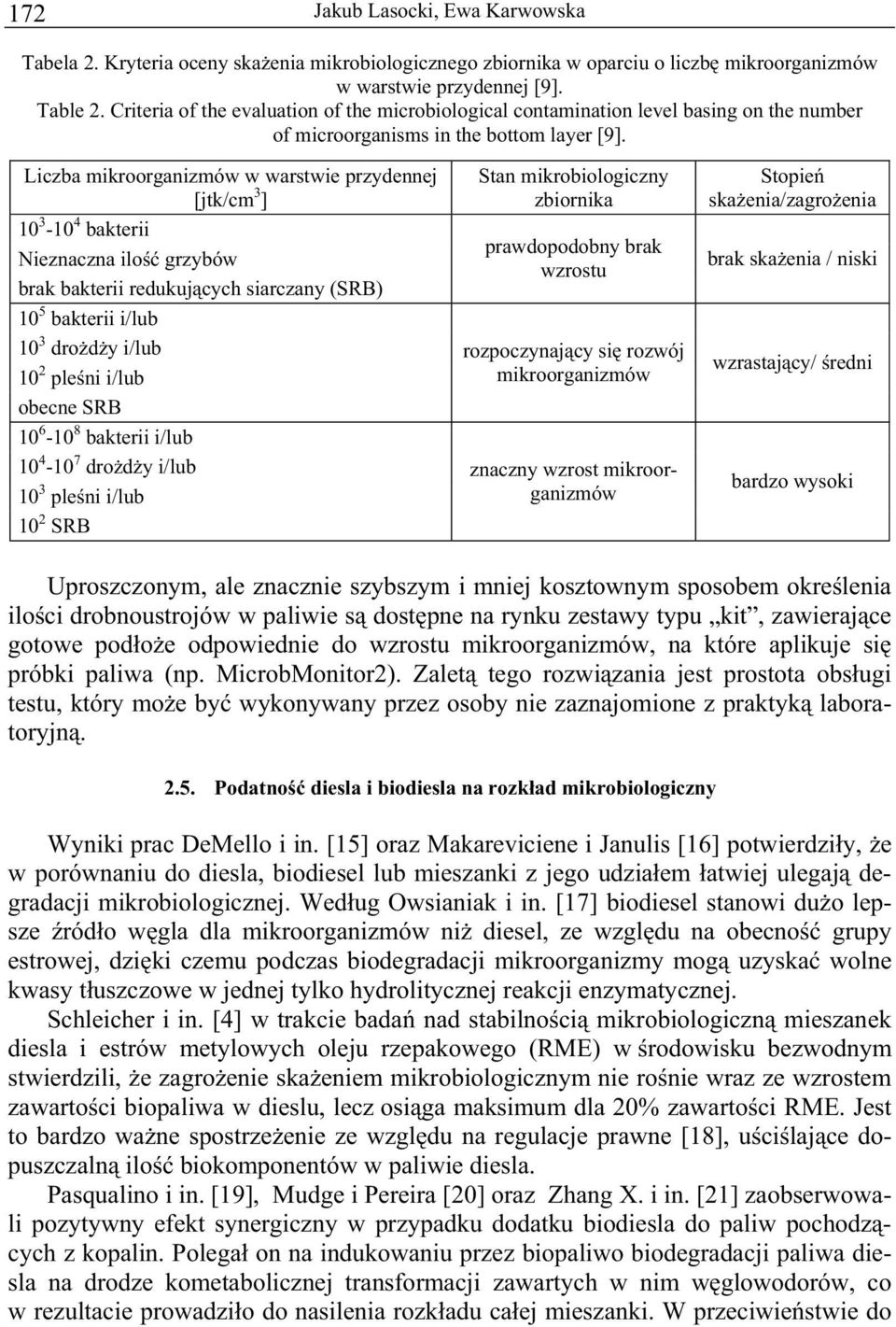 Liczba mikroorganizmów w warstwie przydennej [jtk/cm 3 ] 10 3-10 4 bakterii Nieznaczna ilo grzybów brak bakterii redukuj cych siarczany (SRB) 10 5 bakterii i/lub 10 3 dro d y i/lub 10 2 ple ni i/lub