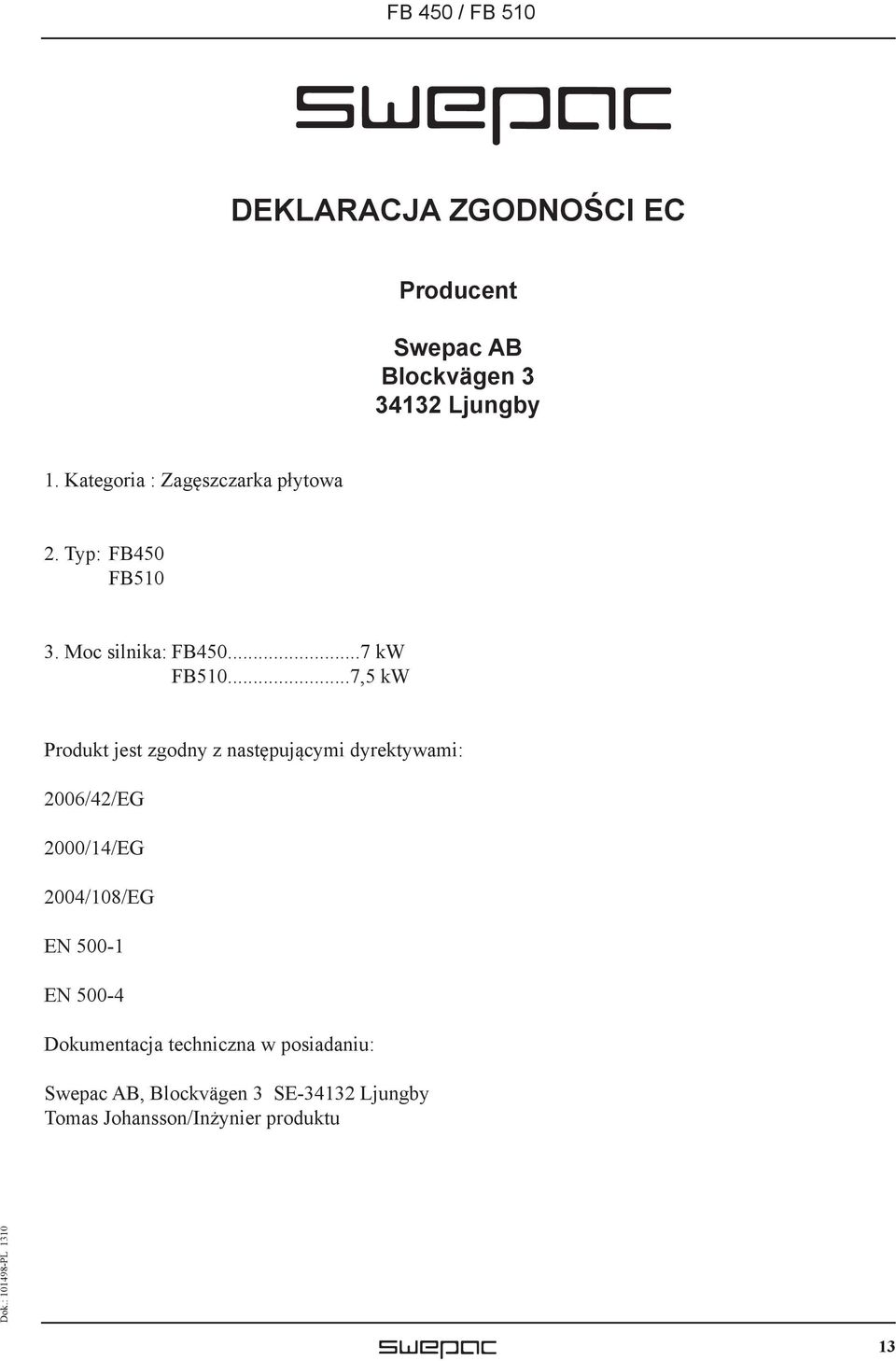 ..7,5 kw Produkt jest zgodny z następującymi dyrektywami: 2006/42/EG 2000/14/EG 2004/108/EG EN