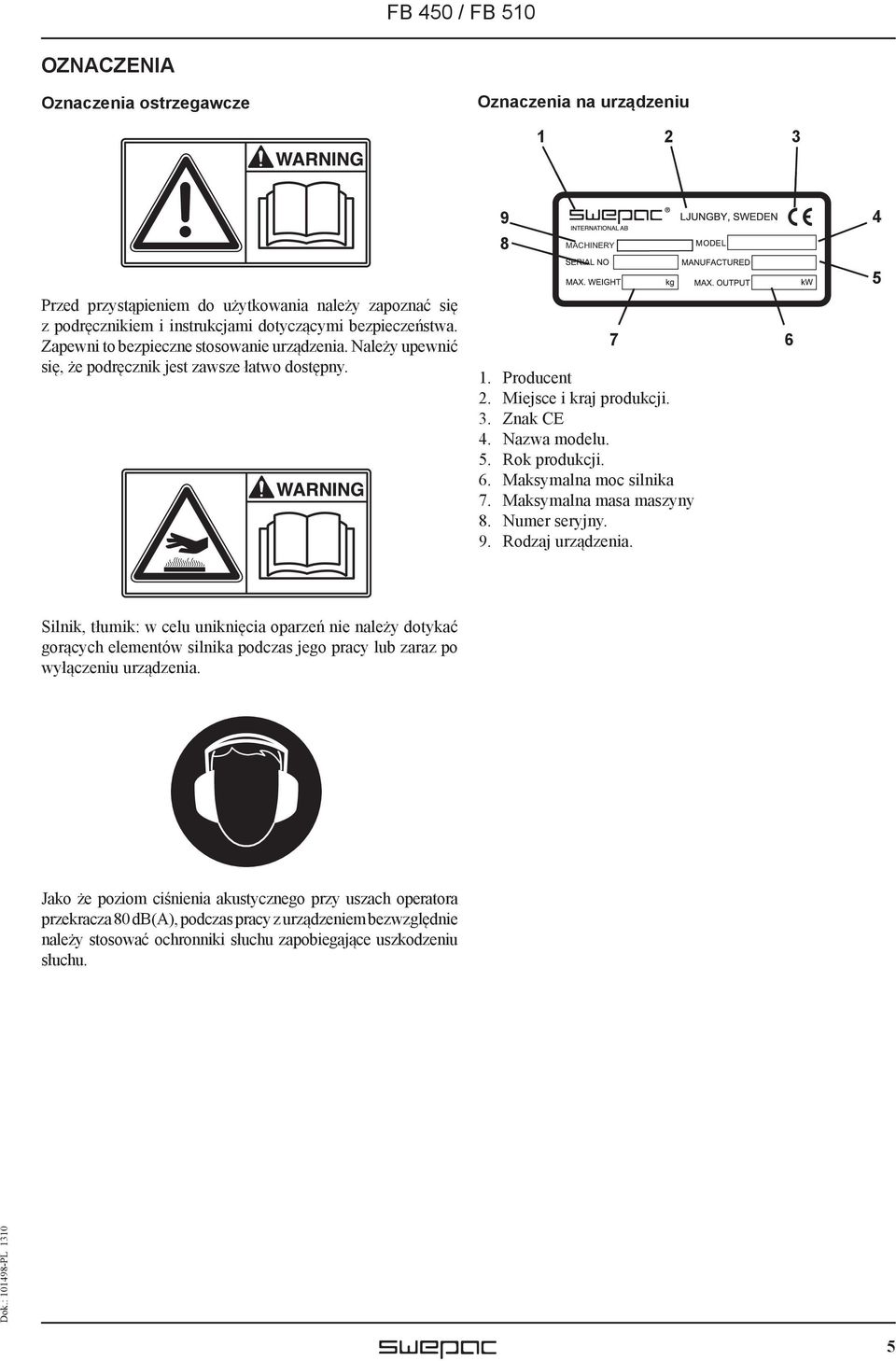 Maksymalna moc silnika 7. Maksymalna masa maszyny 8. Numer seryjny. 9. Rodzaj urządzenia.