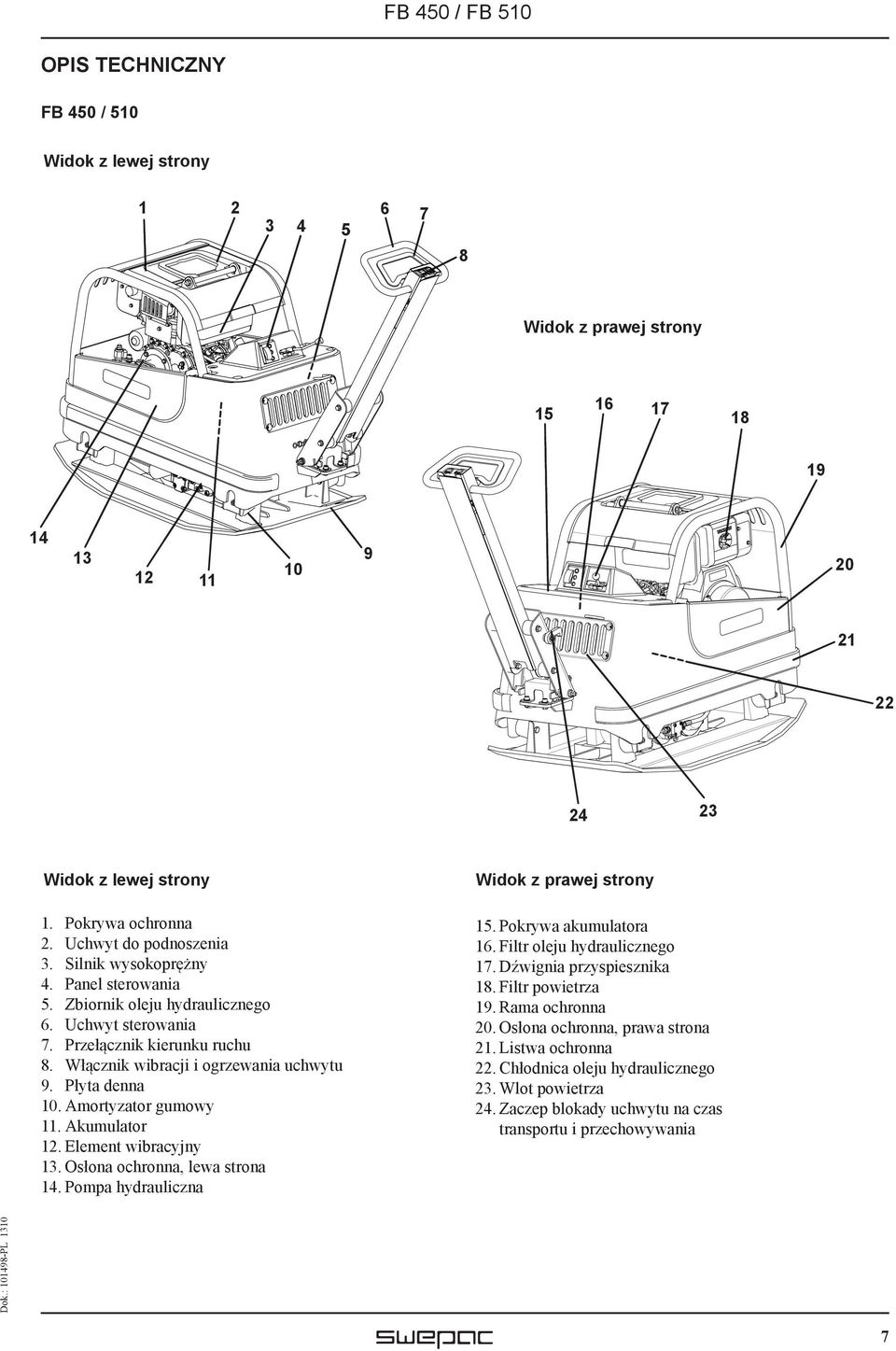 Płyta denna 10. Amortyzator gumowy 11. Akumulator 12. Element wibracyjny 13. Osłona ochronna, lewa strona 14. Pompa hydrauliczna Widok z prawej strony 15. Pokrywa akumulatora 16.