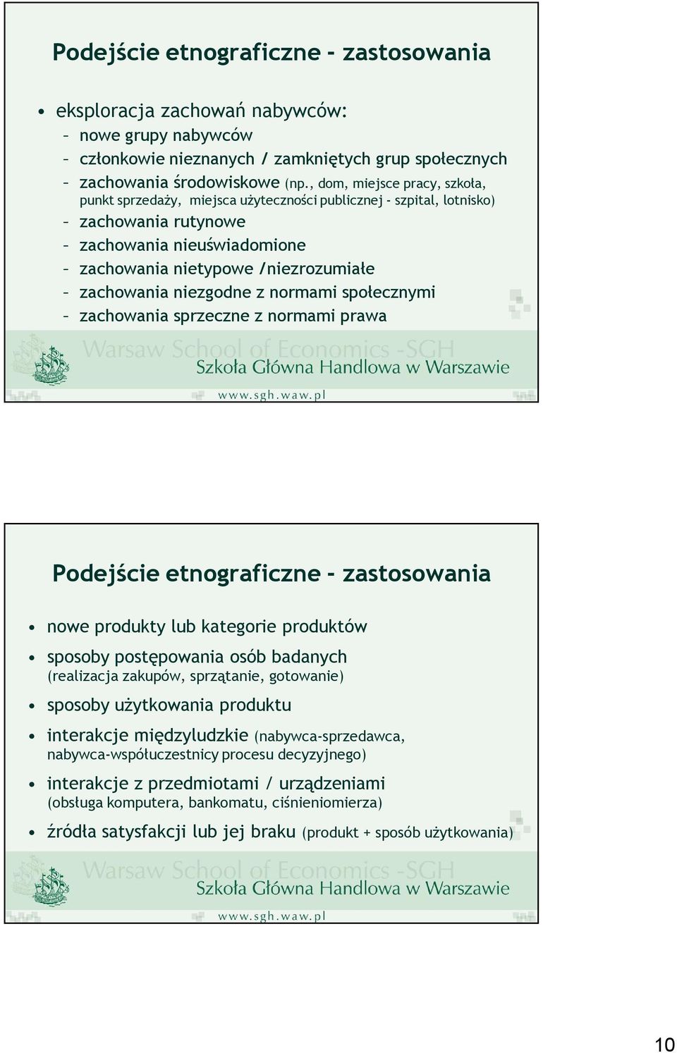 niezgodne z normami społecznymi zachowania sprzeczne z normami prawa Podejście etnograficzne - zastosowania nowe produkty lub kategorie produktów sposoby postępowania osób badanych (realizacja