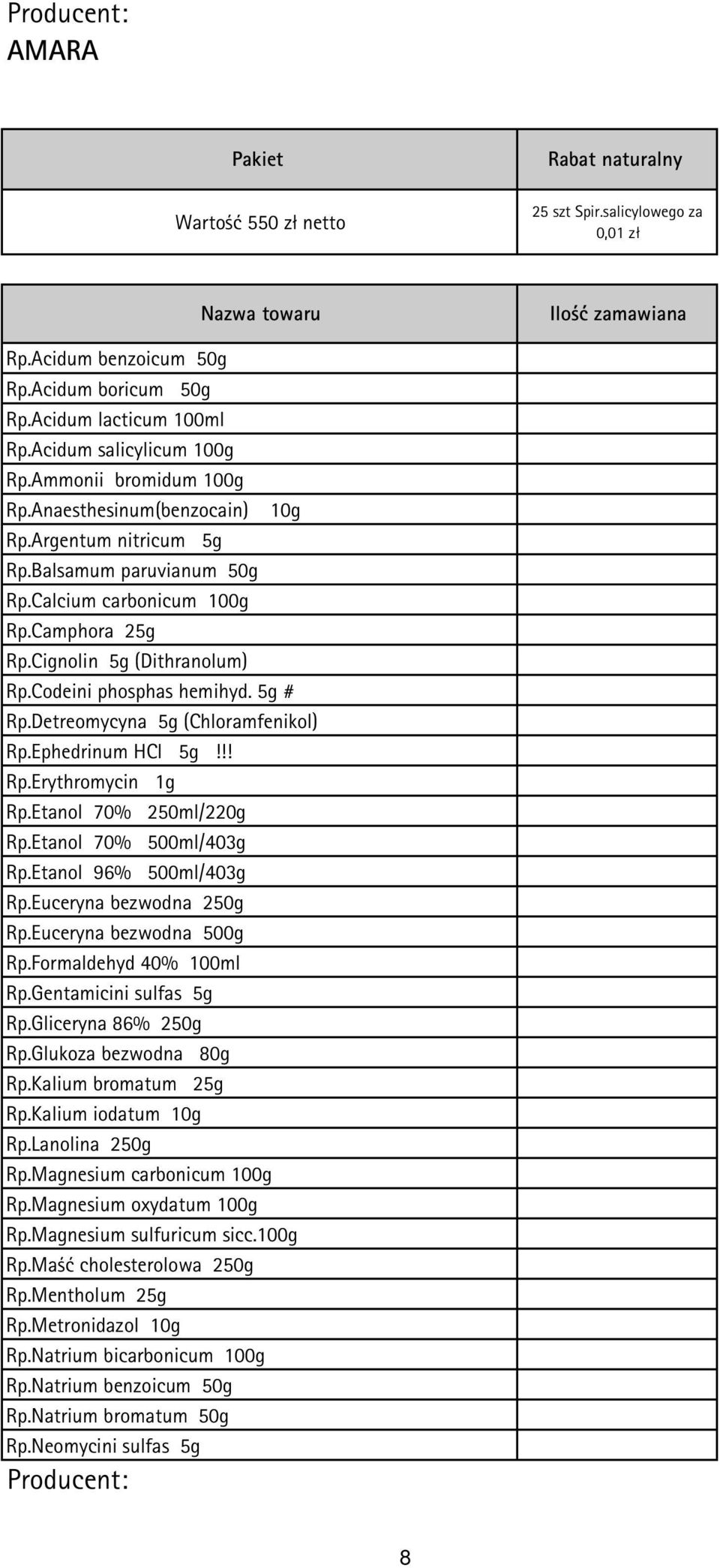 Detreomycyna 5g (Chloramfenikol) Rp.Ephedrinum HCl 5g!!! Rp.Erythromycin 1g Rp.Etanol 70% 250ml/220g Rp.Etanol 70% 500ml/403g Rp.Etanol 96% 500ml/403g Rp.Euceryna bezwodna 250g Rp.