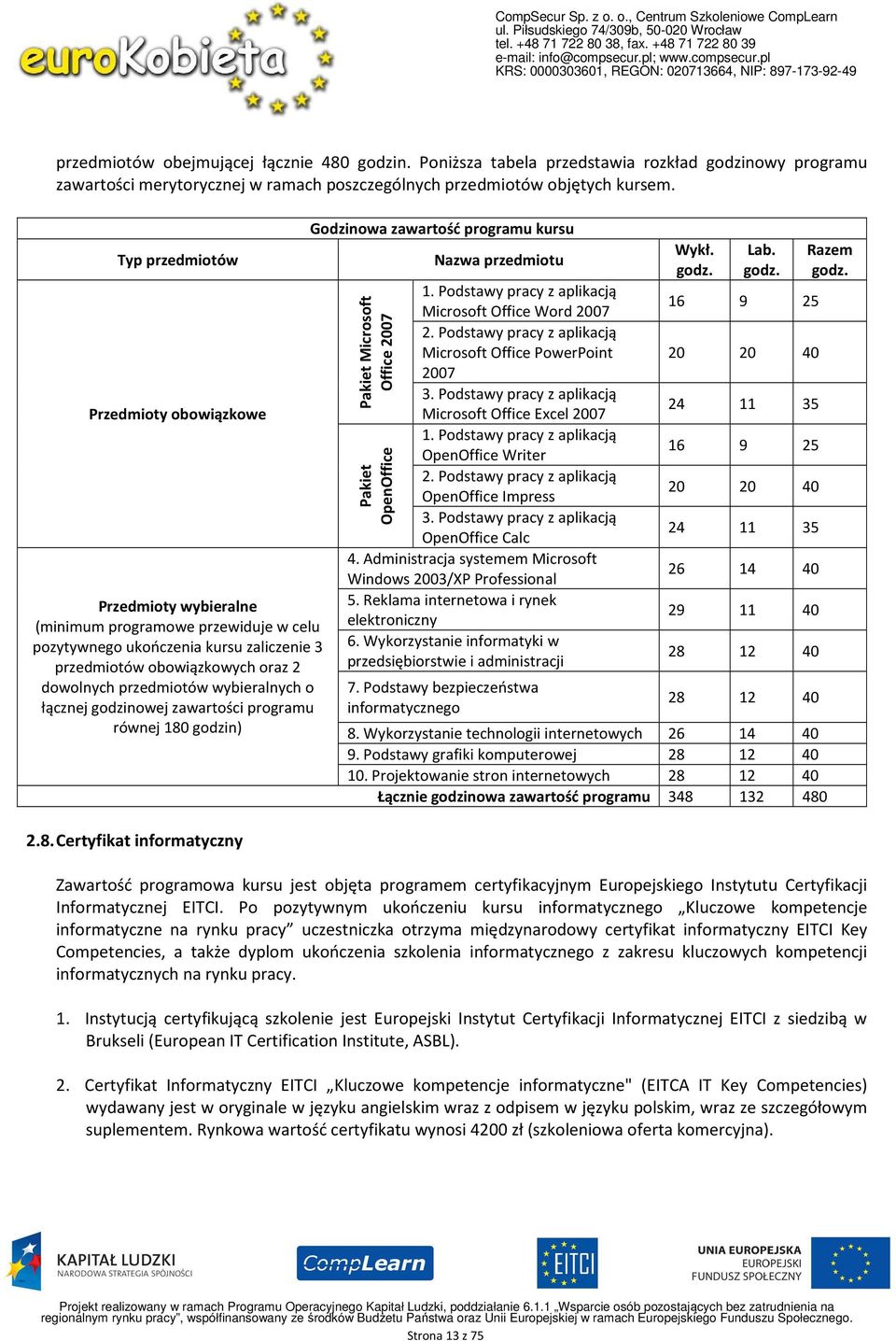 wybieralnych o łącznej godzinowej zawartości programu równej 180 godzin) 2.8. Certyfikat informatyczny Godzinowa zawartość programu kursu Pakiet Microsoft Office 2007 Pakiet OpenOffice Nazwa przedmiotu 1.