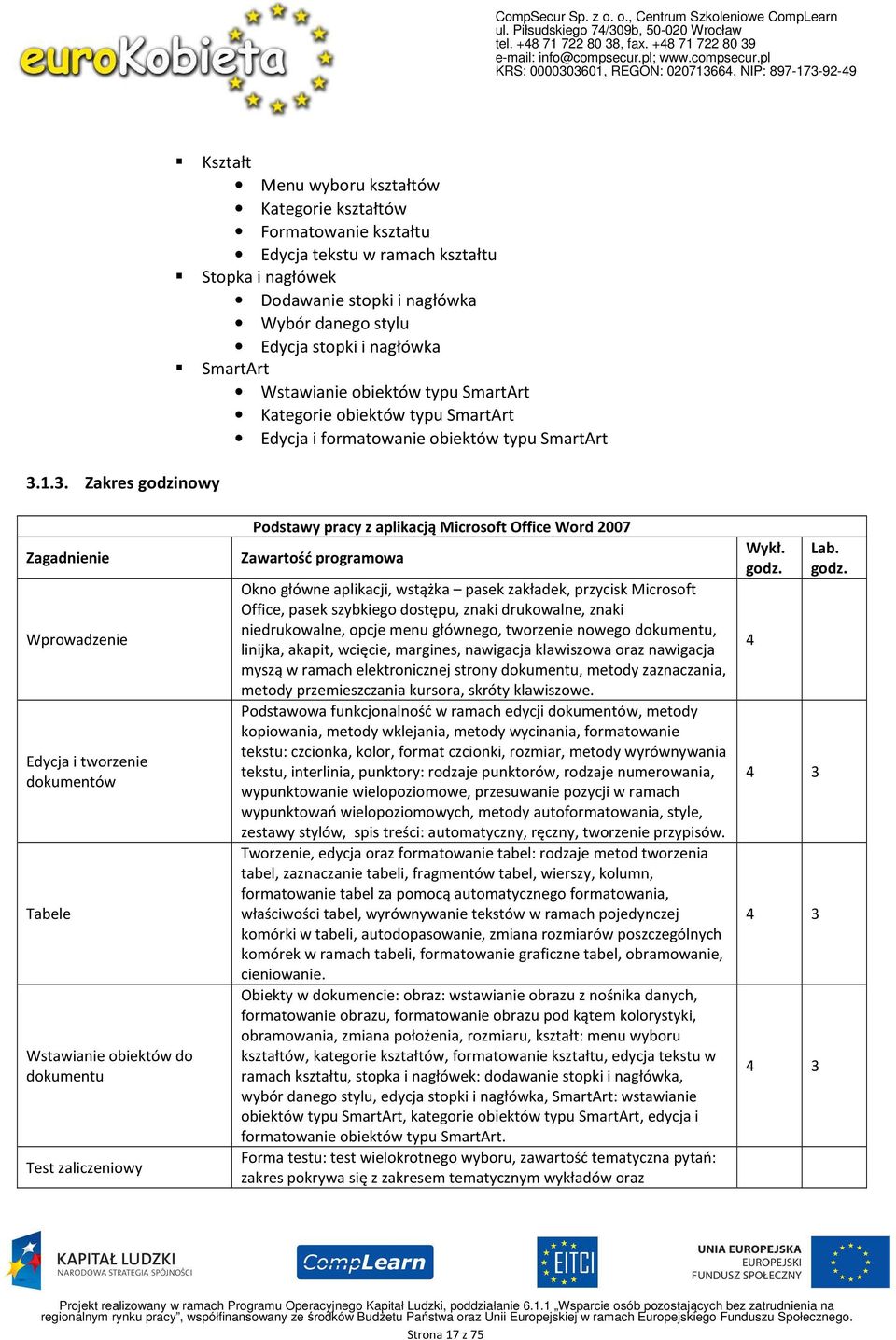 Tabele Wstawianie obiektów do dokumentu Test zaliczeniowy Podstawy pracy z aplikacją Microsoft Office Word 2007 Zawartość programowa Okno główne aplikacji, wstążka pasek zakładek, przycisk Microsoft