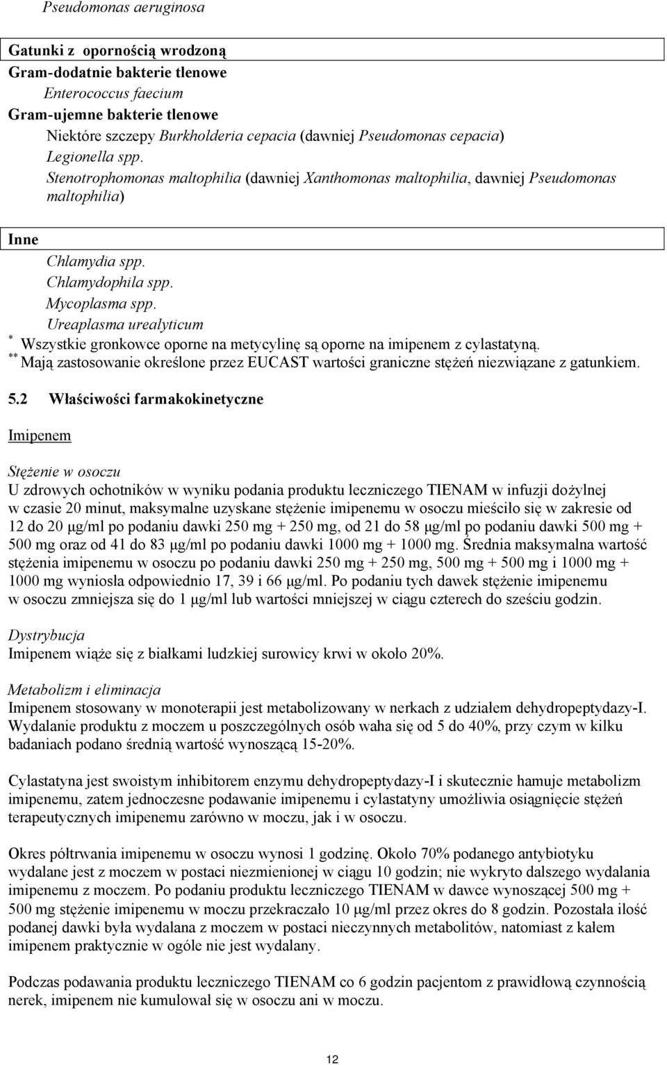 Ureaplasma urealyticum * Wszystkie gronkowce oporne na metycylinę są oporne na imipenem z cylastatyną. ** Mają zastosowanie określone przez EUCAST wartości graniczne stężeń niezwiązane z gatunkiem. 5.