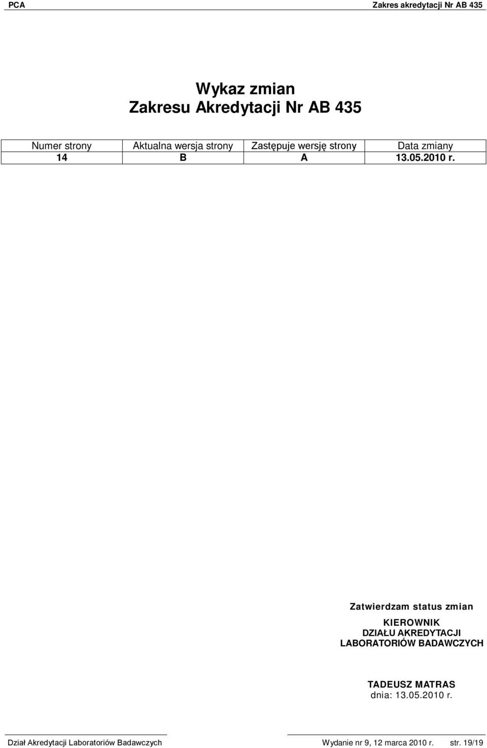 Zatwierdzam status zmian KIEROWNIK DZIAŁU AKREDYTACJI LABORATORIÓW BADAWCZYCH