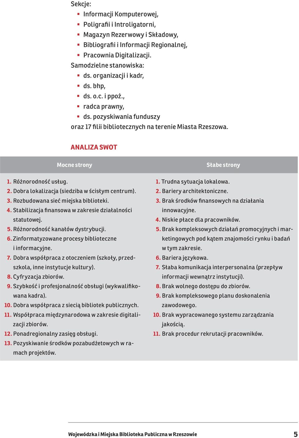 Dobra lokalizacja (siedziba w ścisłym centrum). 3. Rozbudowana sieć miejska biblioteki. 4. Stabilizacja finansowa w zakresie działalności statutowej. 5. Różnorodność kanałów dystrybucji. 6.
