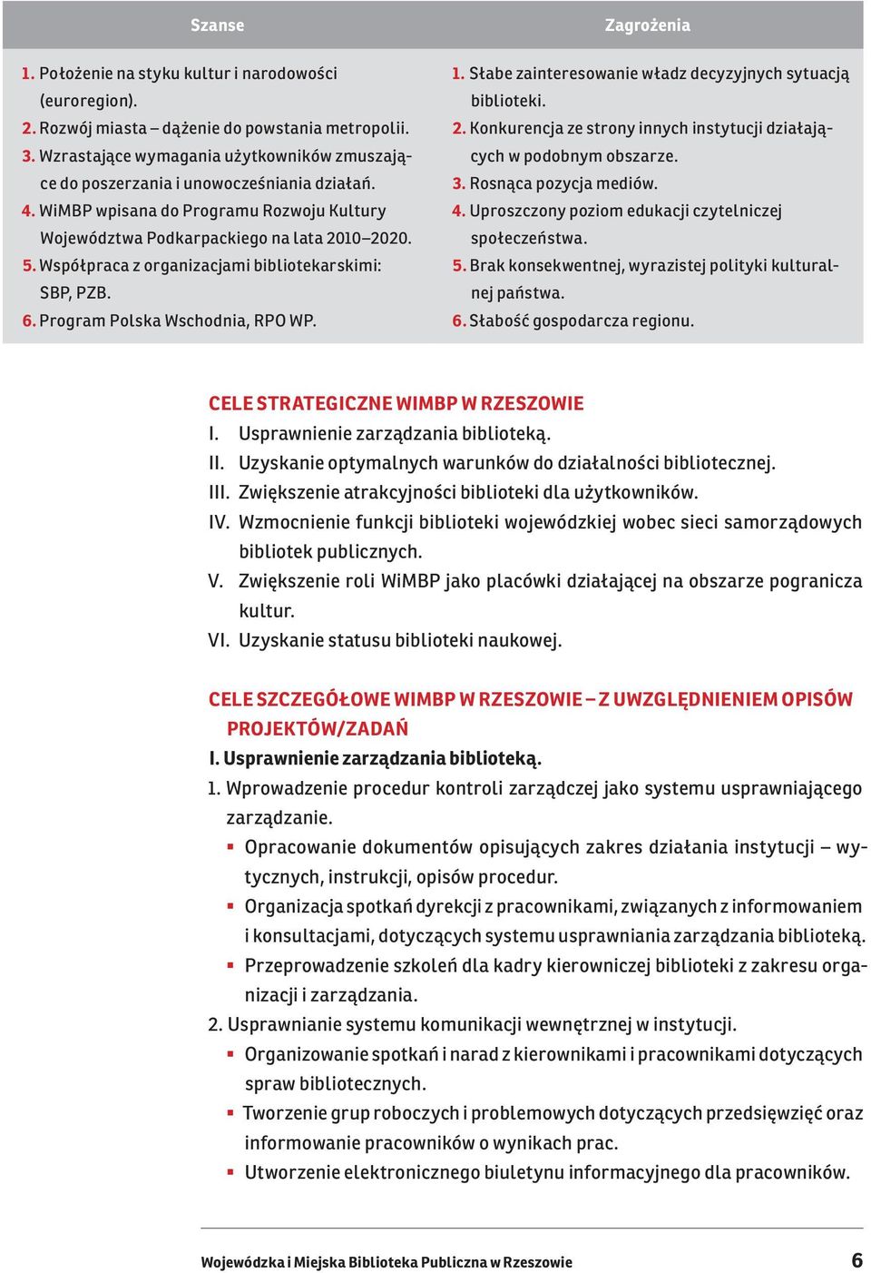 Współpraca z organizacjami bibliotekarskimi: SBP, PZB. 6. Program Polska Wschodnia, RPO WP. Zagrożenia 1. Słabe zainteresowanie władz decyzyjnych sytuacją biblioteki. 2.